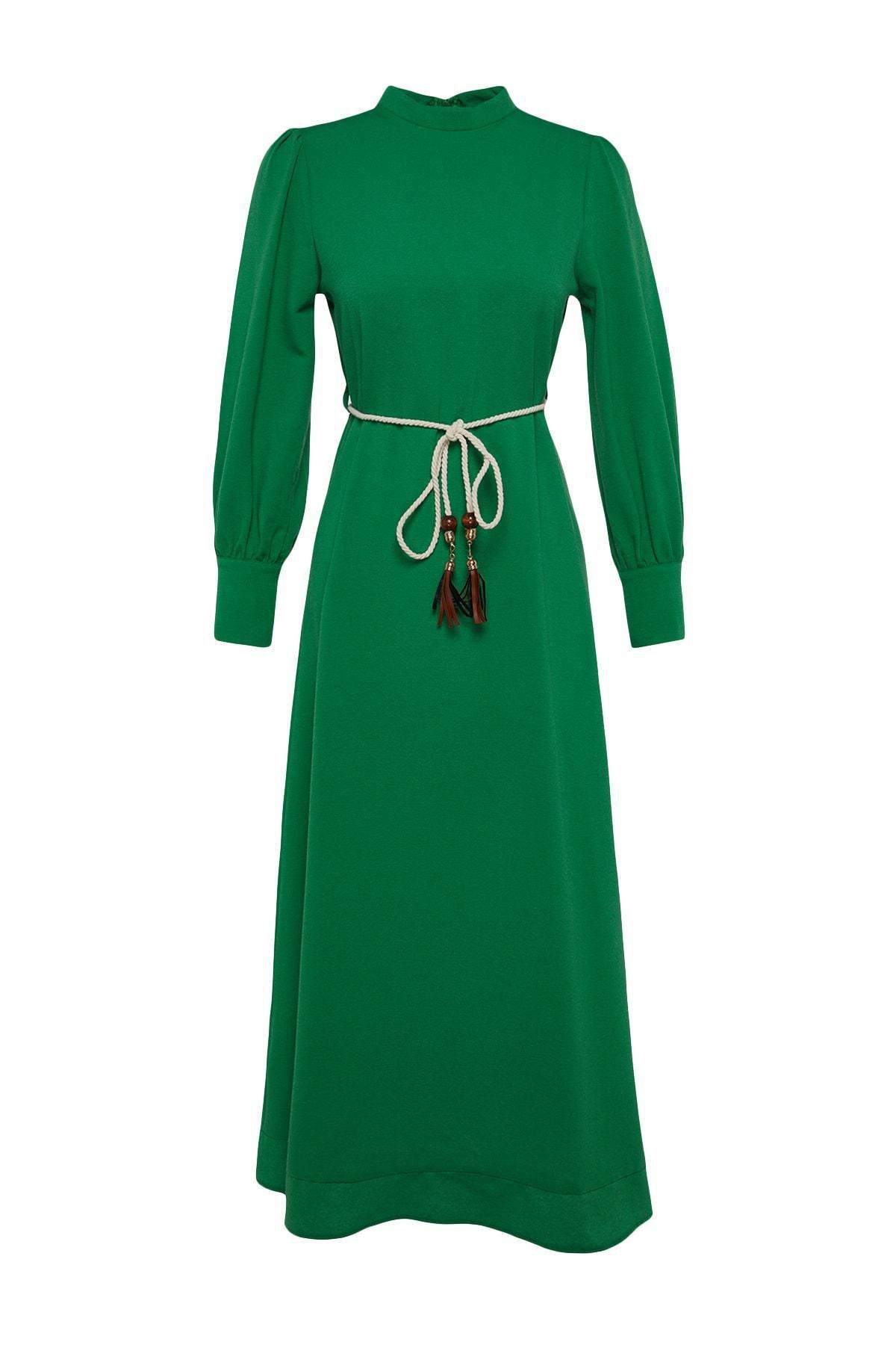 Green Belt Detailed Linen Dress, , large image number 5
