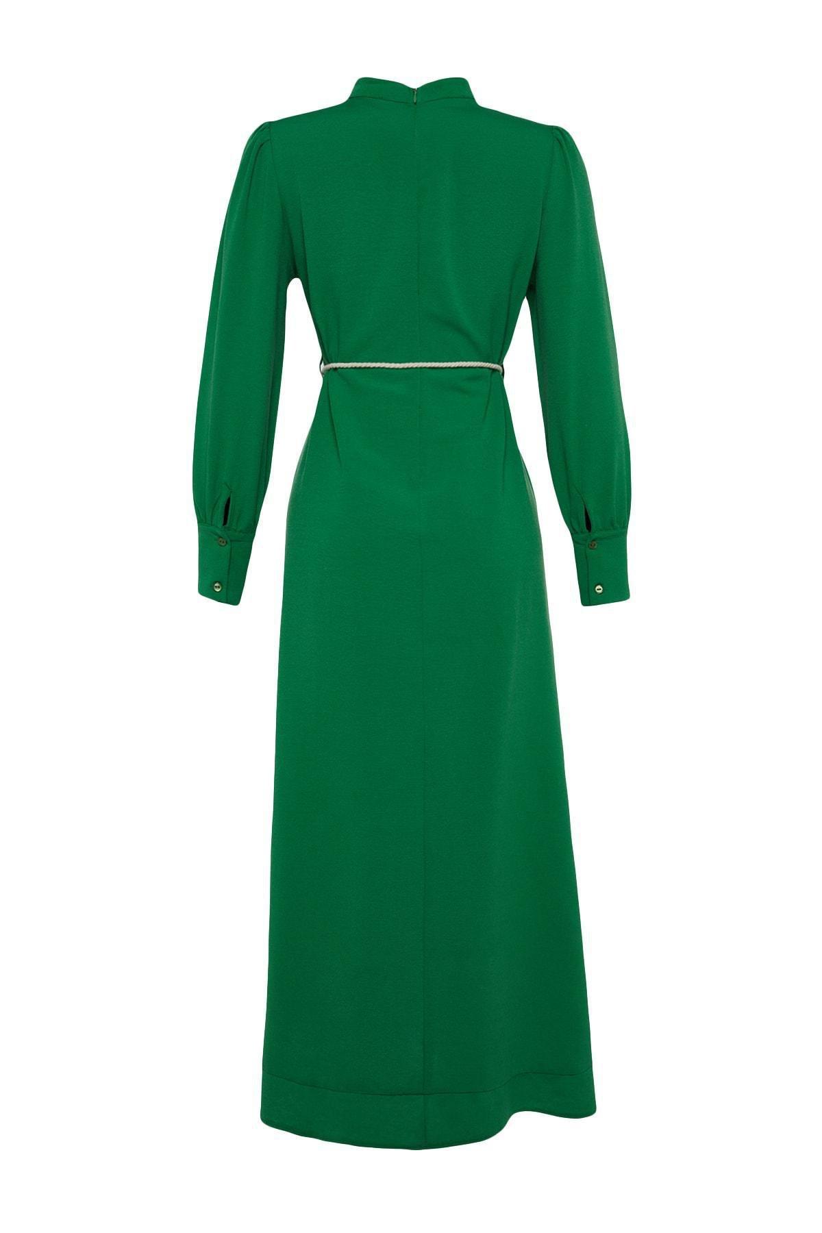 Green Belt Detailed Linen Dress, , large image number 7