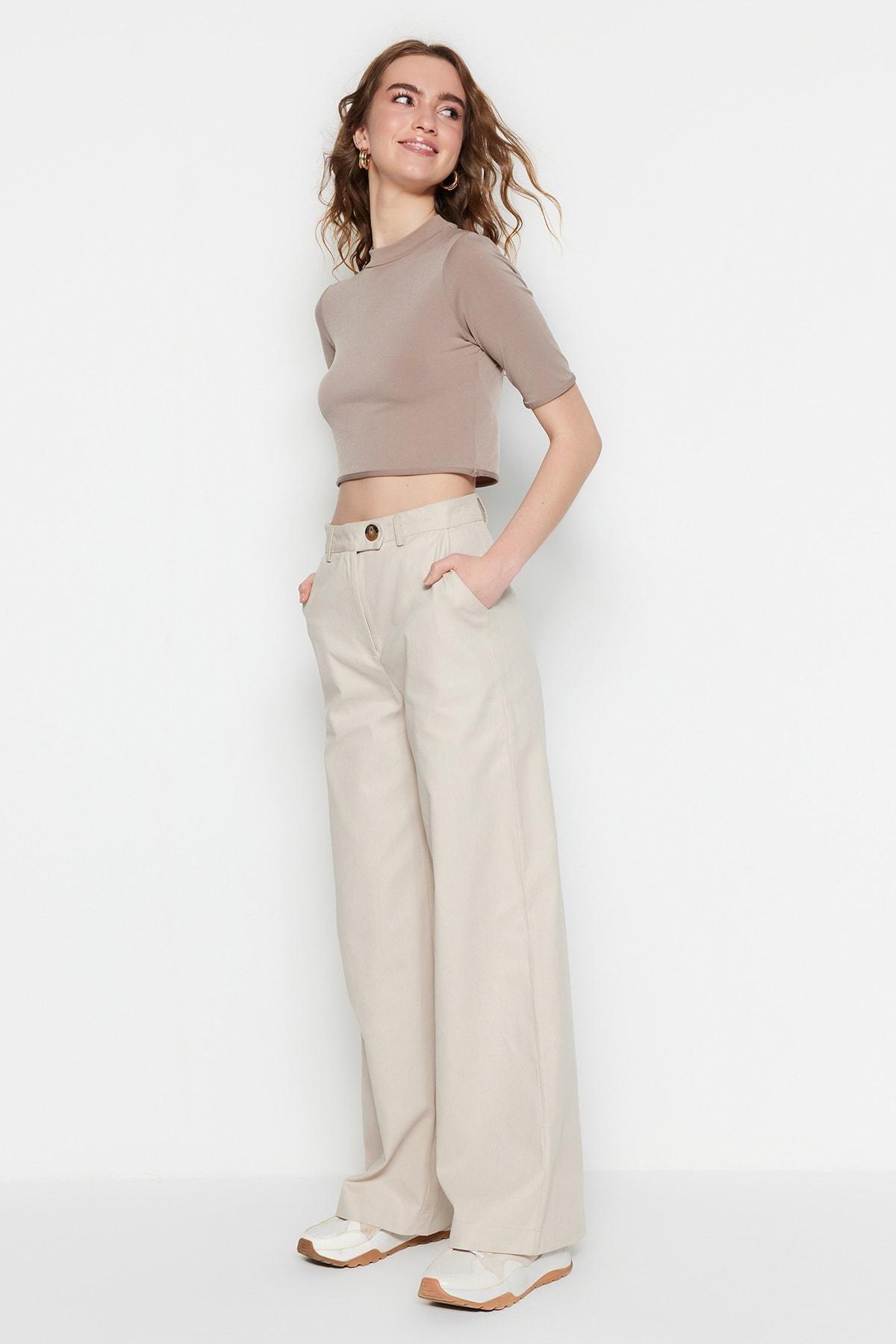 Beige Wide Leg Pants, , large image number 2
