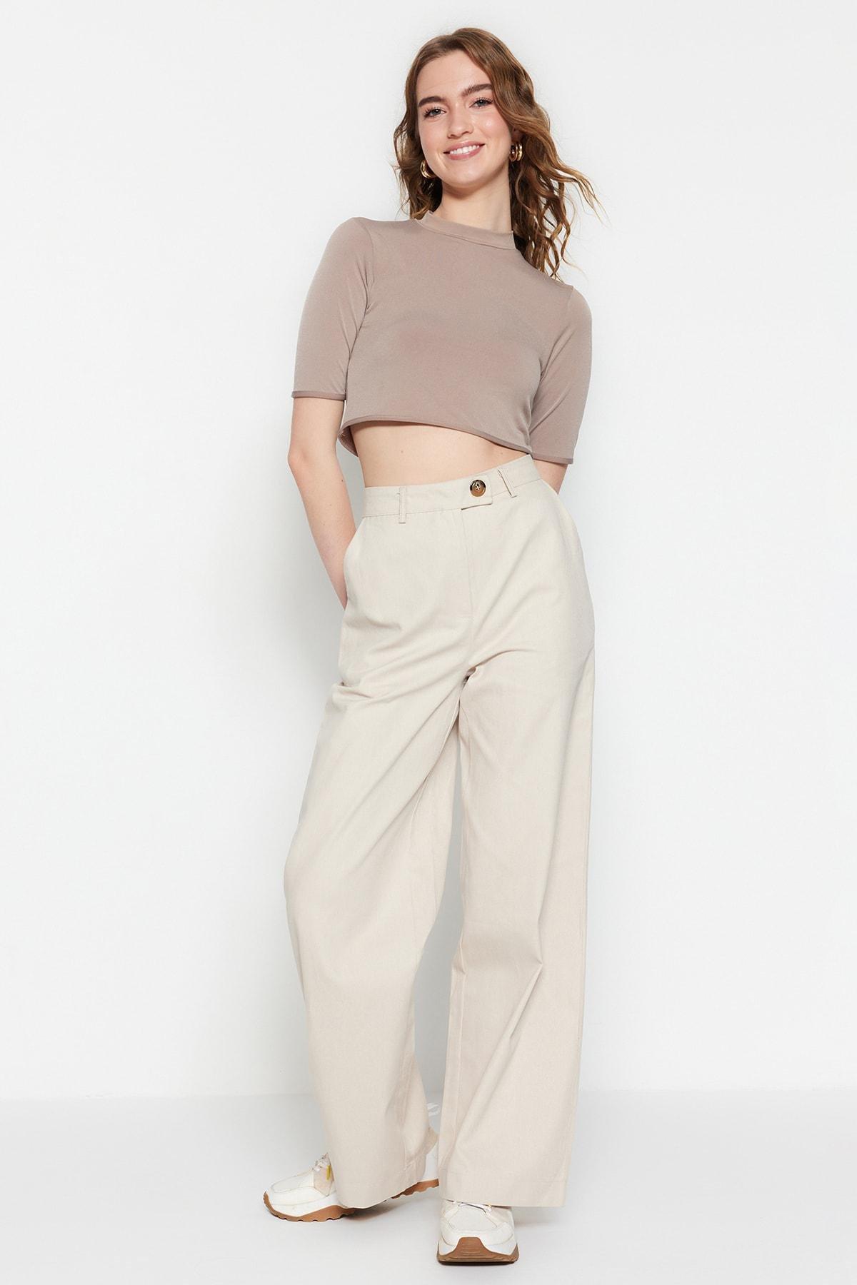 Beige Wide Leg Pants, , large image number 3
