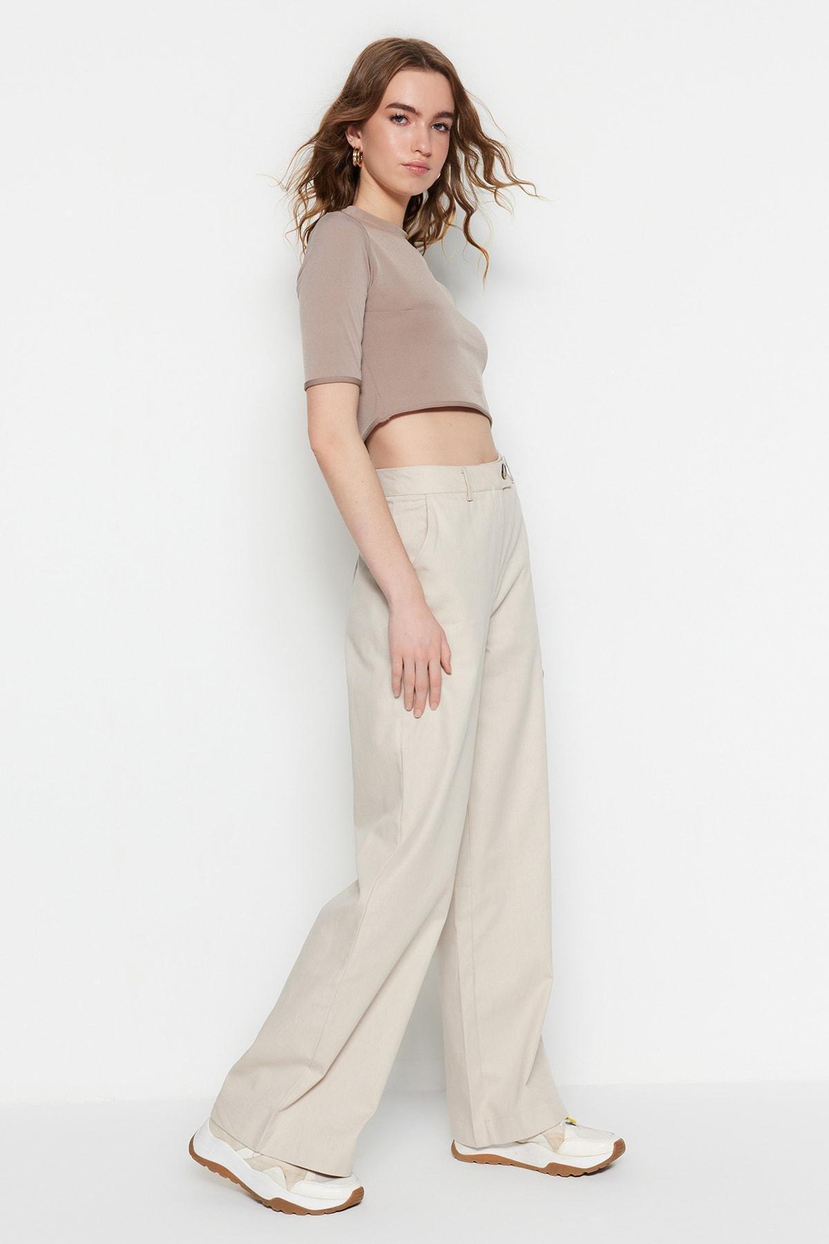 Beige Wide Leg Pants, , large image number 4
