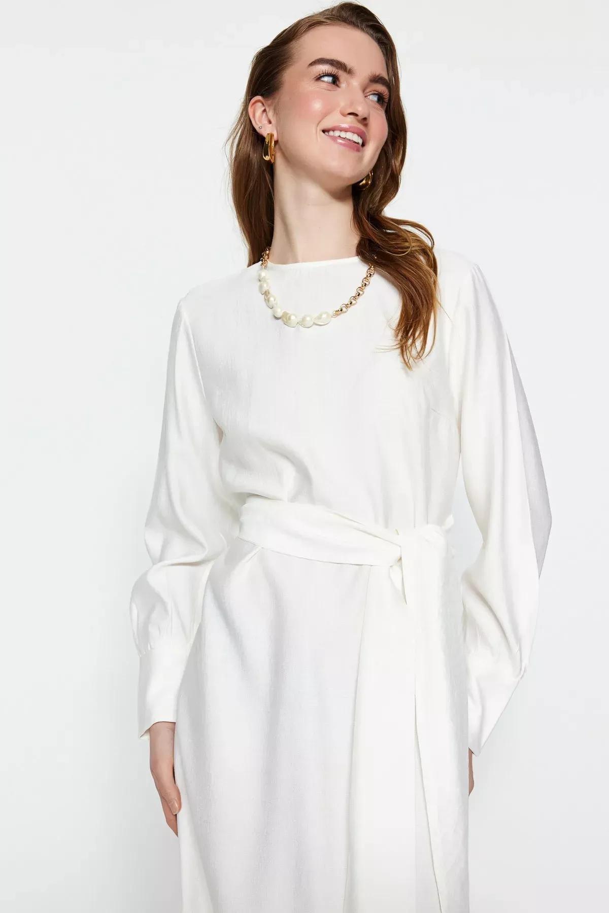 White Wide Belted Zipper Linen Dress, Ecru, medium