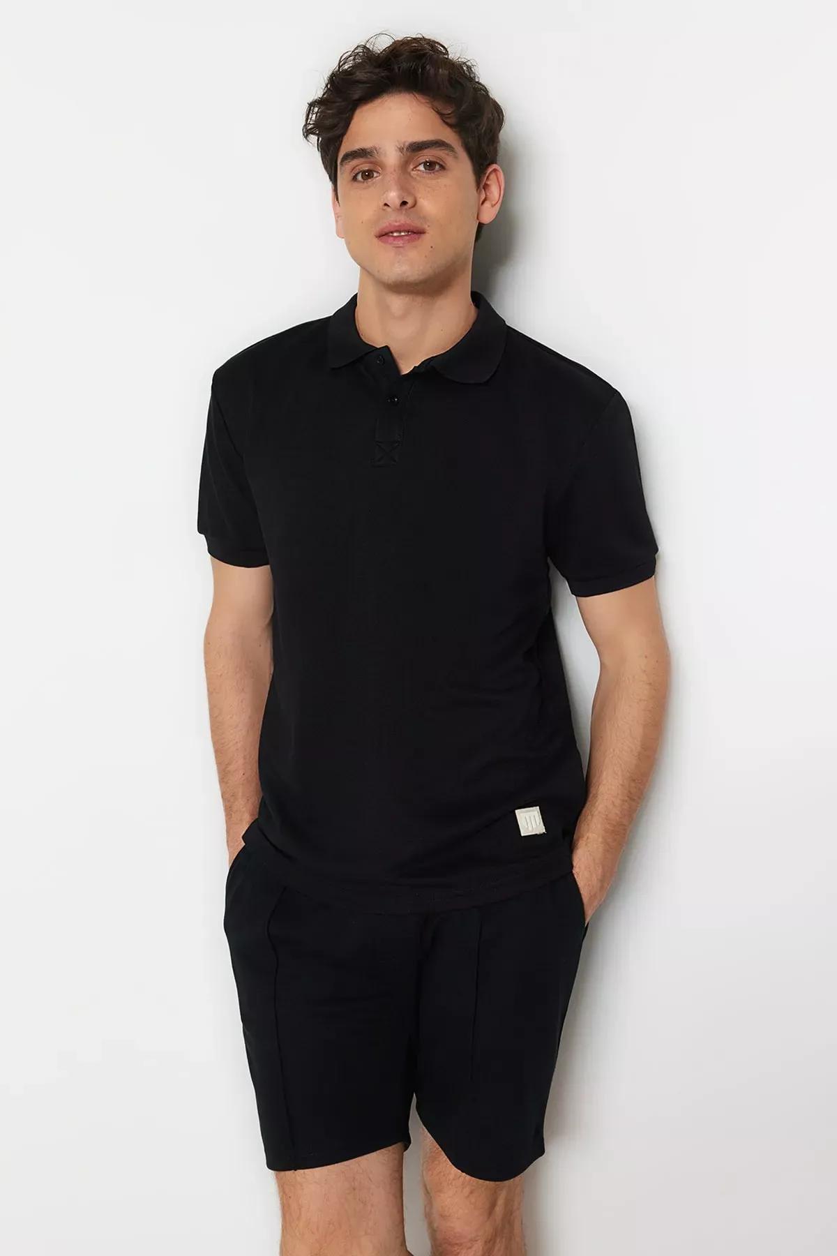 Black Fitted Polo T-Shirt, Black, large image number 0