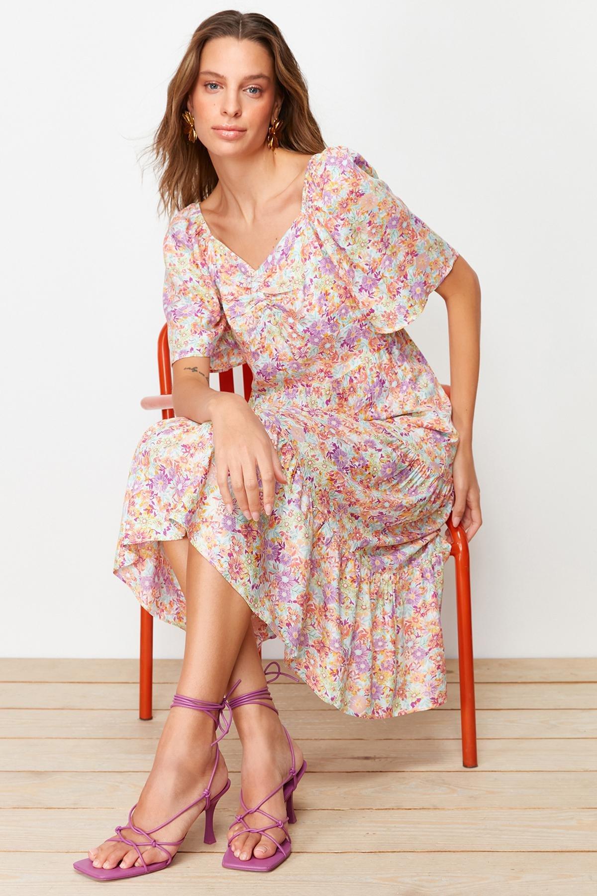 Multicolour Balloon Sleeve Floral Print Woven Dress, , large image number 0