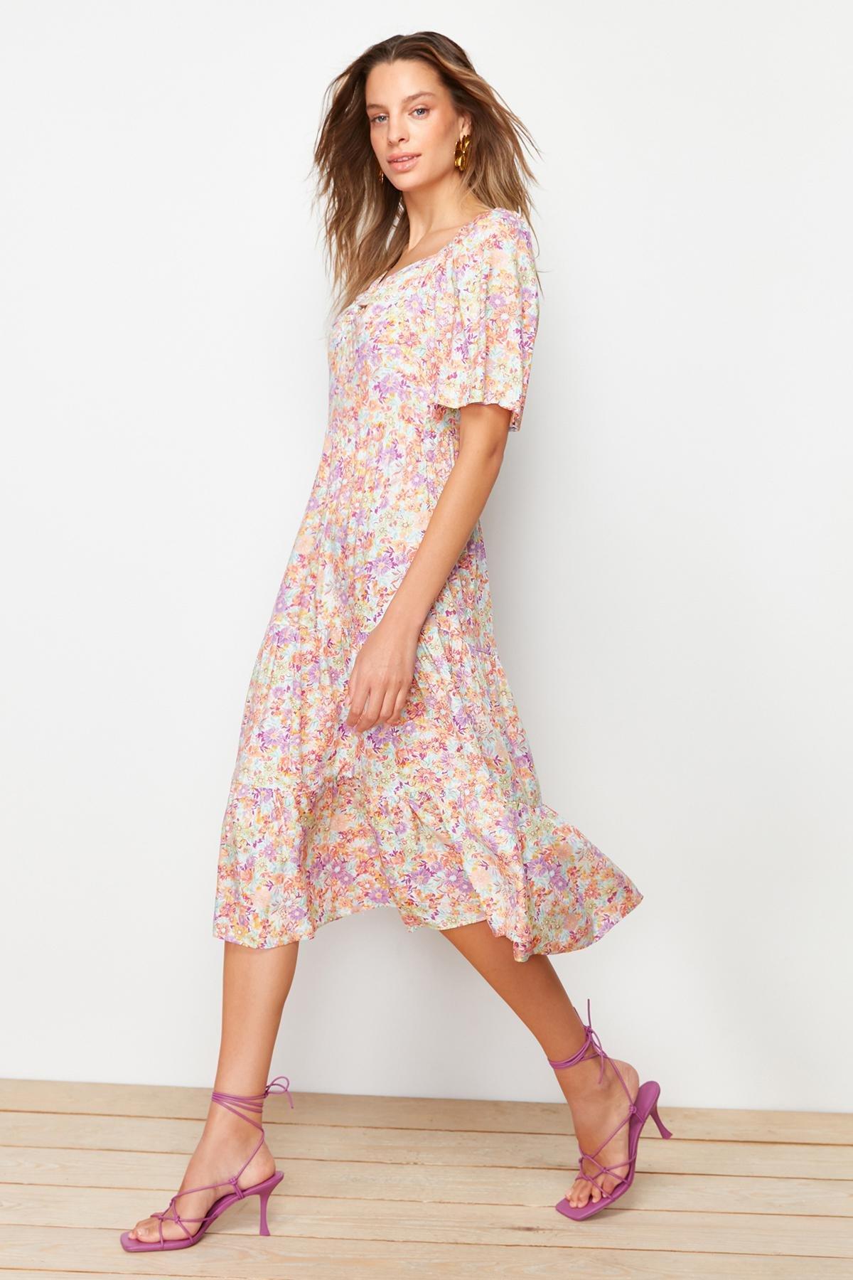 Multicolour Balloon Sleeve Floral Print Woven Dress, , large image number 4