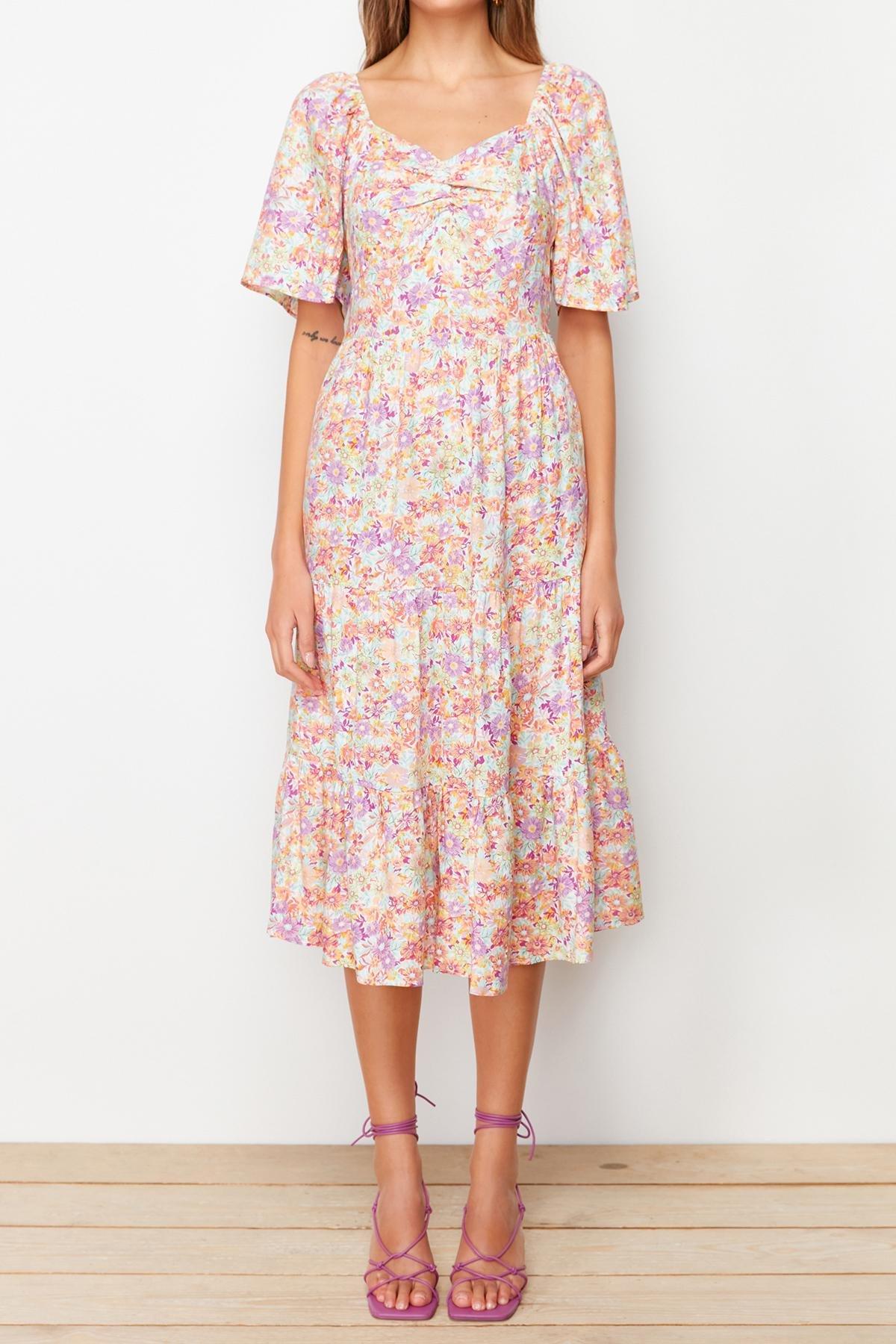 Multicolour Balloon Sleeve Floral Print Woven Dress, , large image number 6