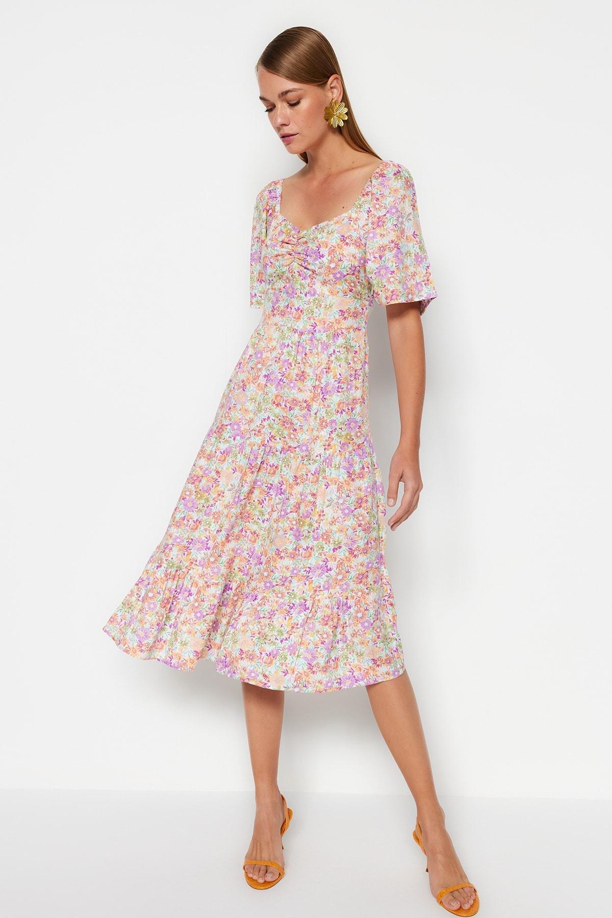 Multicolour Balloon Sleeve Floral Print Woven Dress, , large image number 8