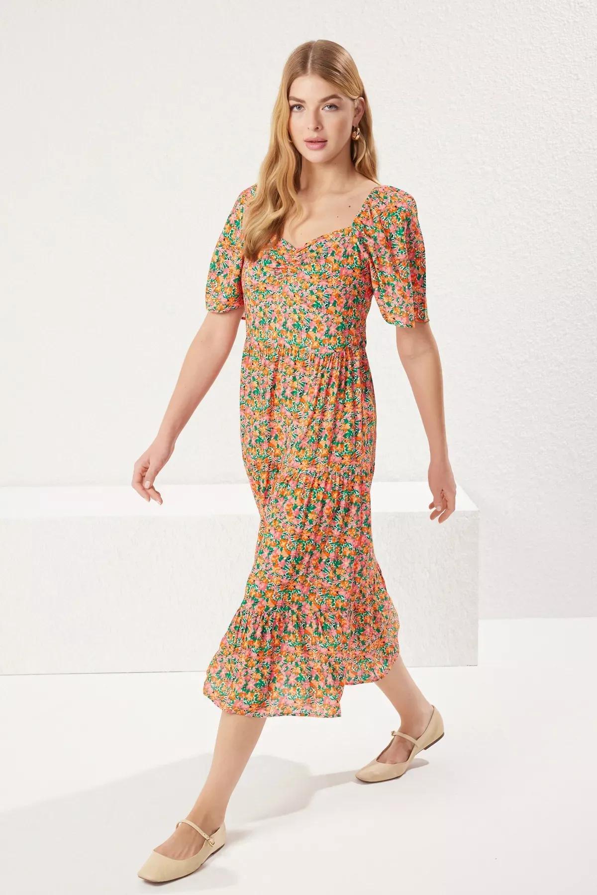 Multicolour Floral Patterned A-Line Midi Dress, , medium
