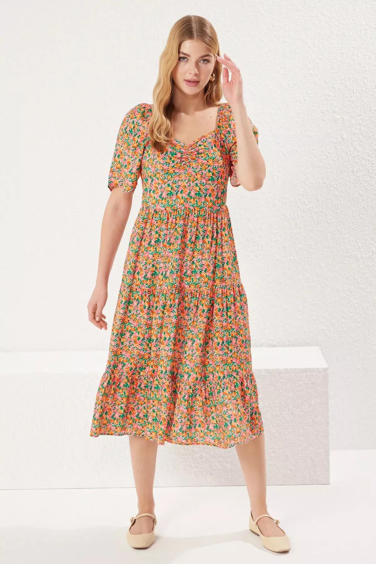 Multicolour Floral Patterned A-Line Midi Dress, , large image number 1