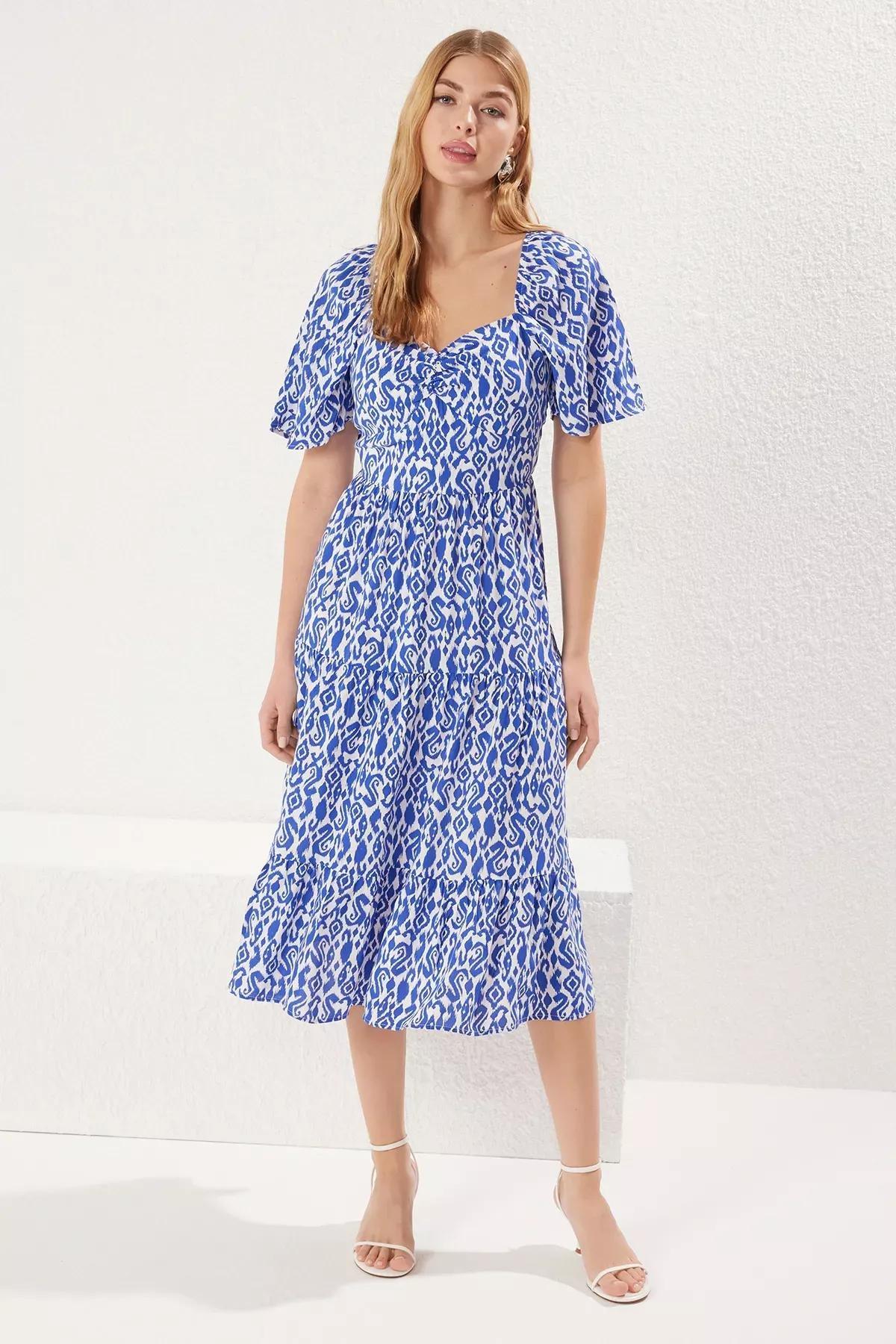 Blue Floral Patterned Midi Dress, , medium