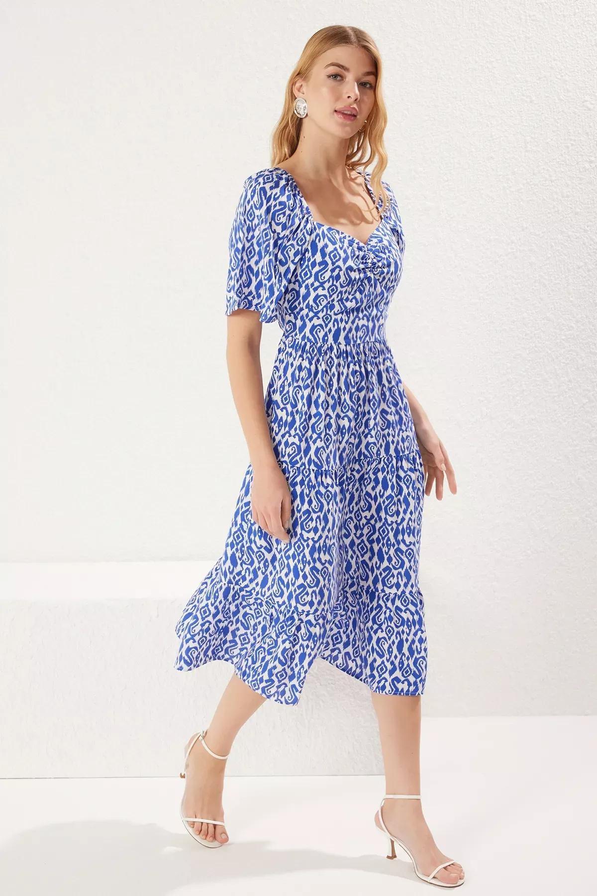 Blue Floral Patterned Midi Dress, , large image number 1