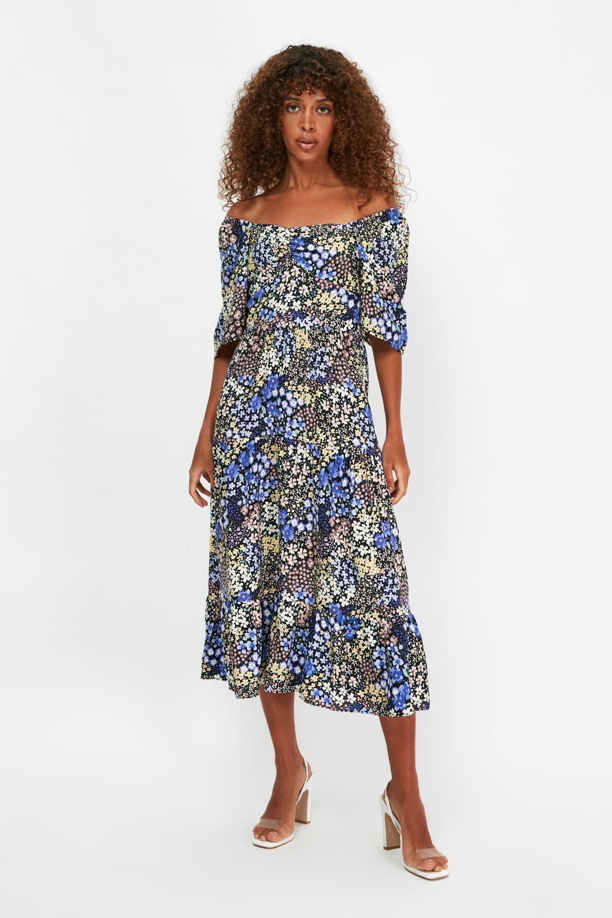 Multicolour Floral A-Line Square Collar Dress, , large image number 0