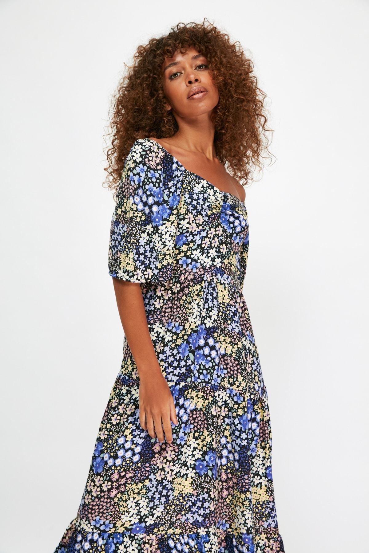 Multicolour Floral A-Line Square Collar Dress, , large image number 1