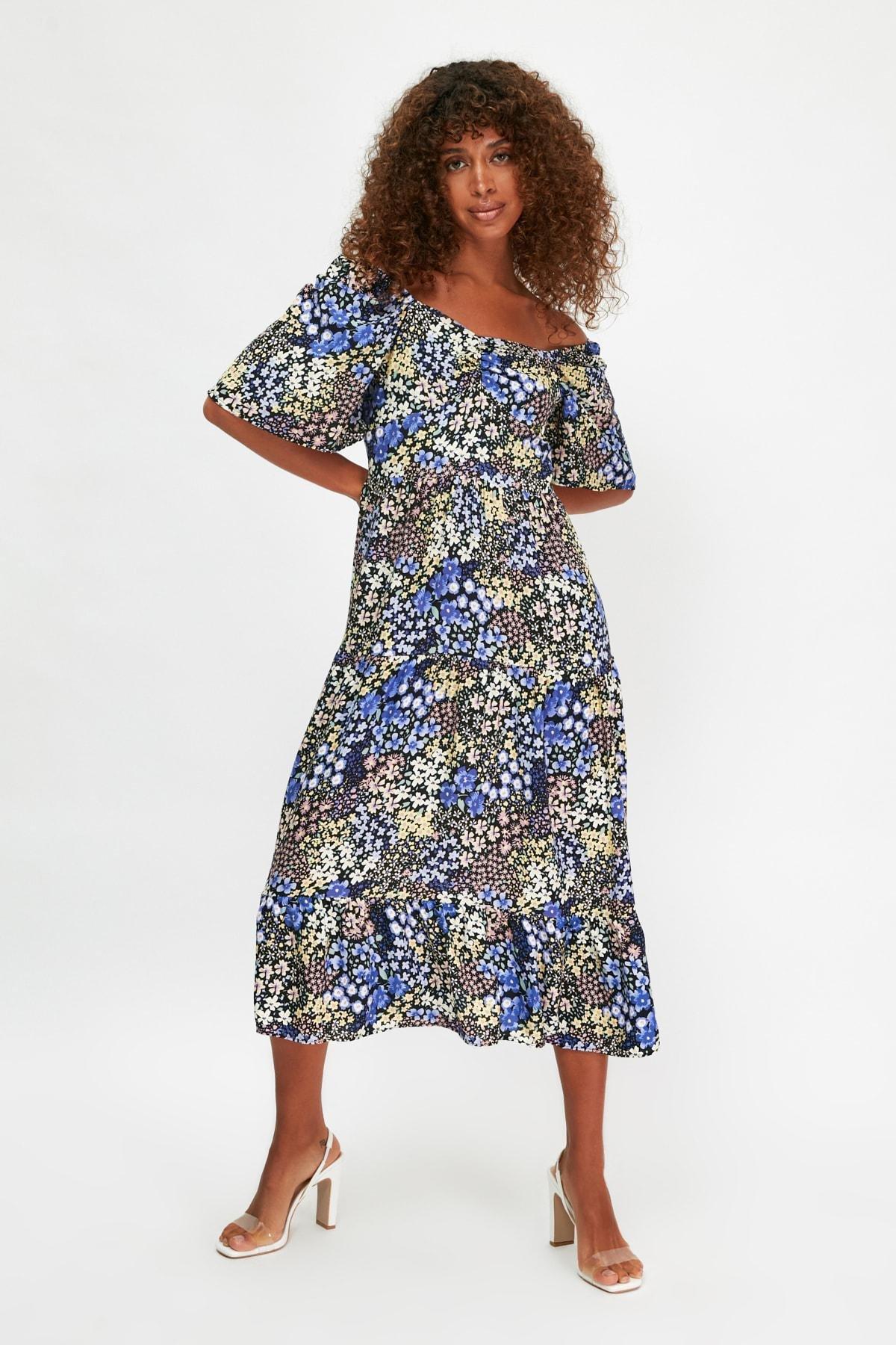 Multicolour Floral A-Line Square Collar Dress, , large image number 2