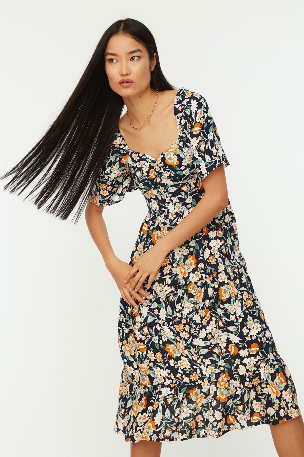 Navy A Line Floral Dress, , large image number 0
