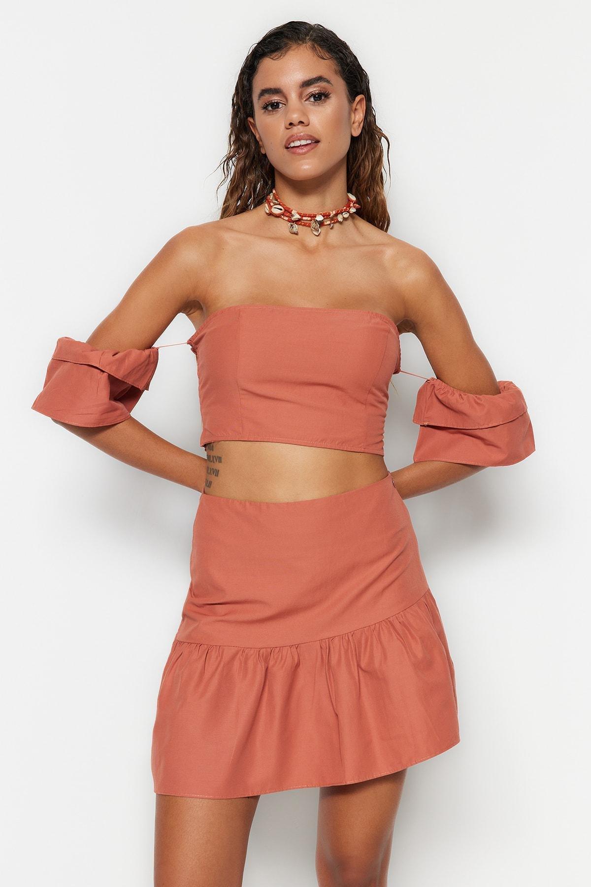 Trendyol - Brown Strapless Fitted Co-Ord Set