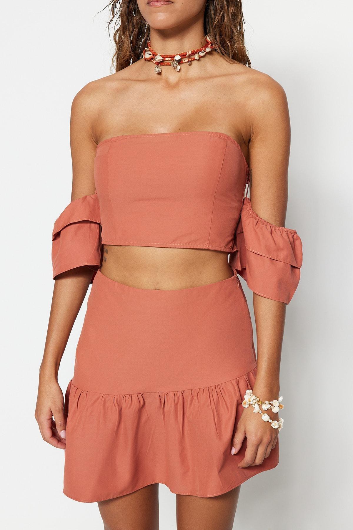 Trendyol - Brown Strapless Fitted Co-Ord Set