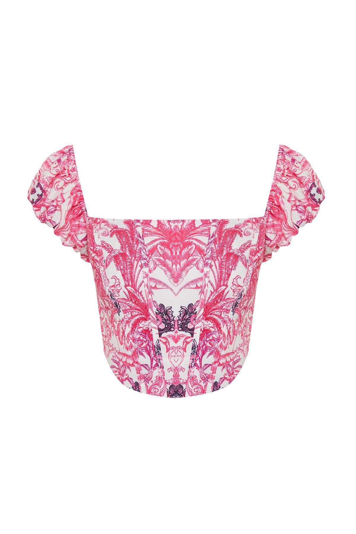 Pink Crop Lined Corset Detailed Poplin Floral Top, , large image number 5
