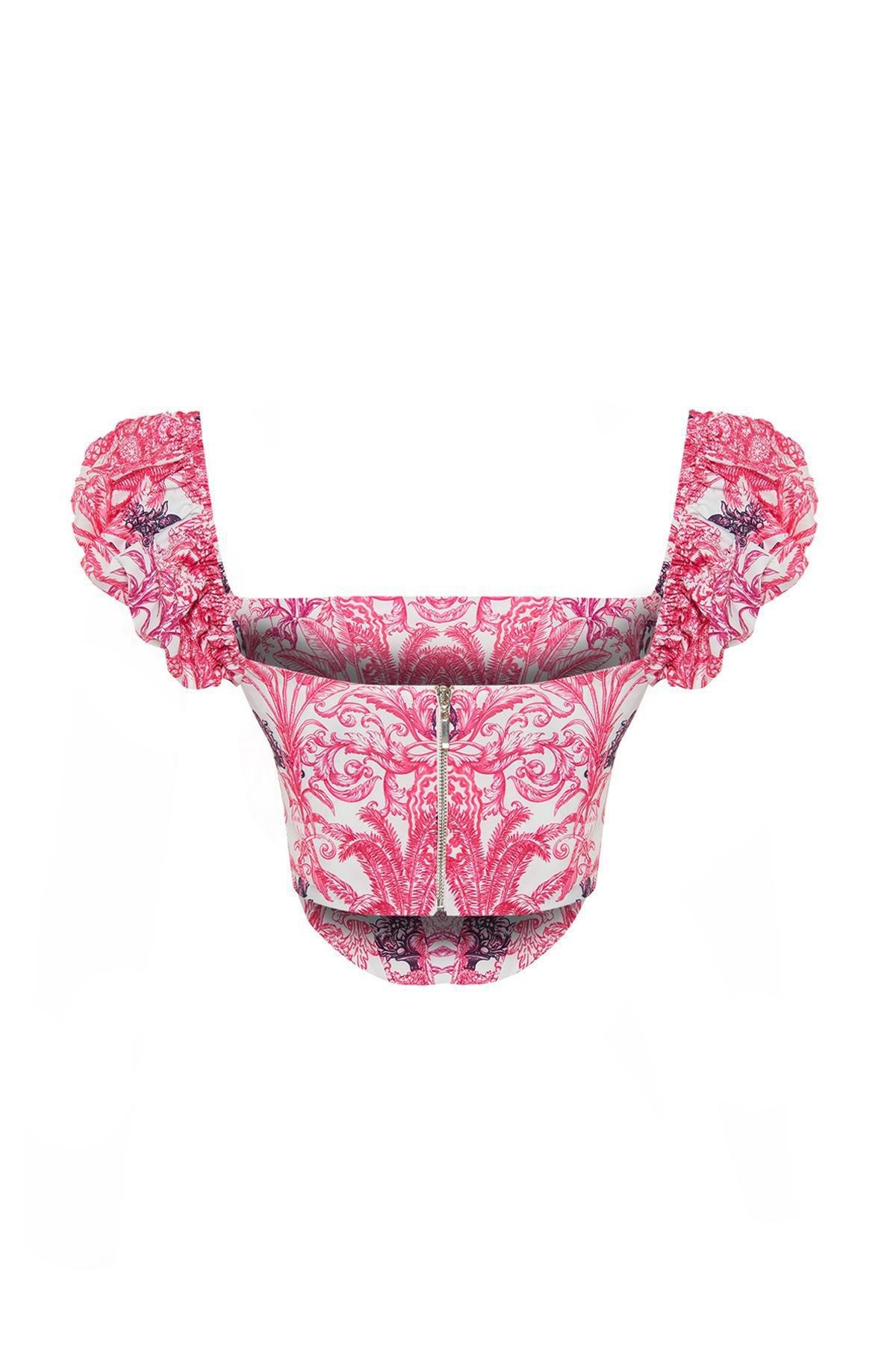 Pink Crop Lined Corset Detailed Poplin Floral Top, , large image number 6