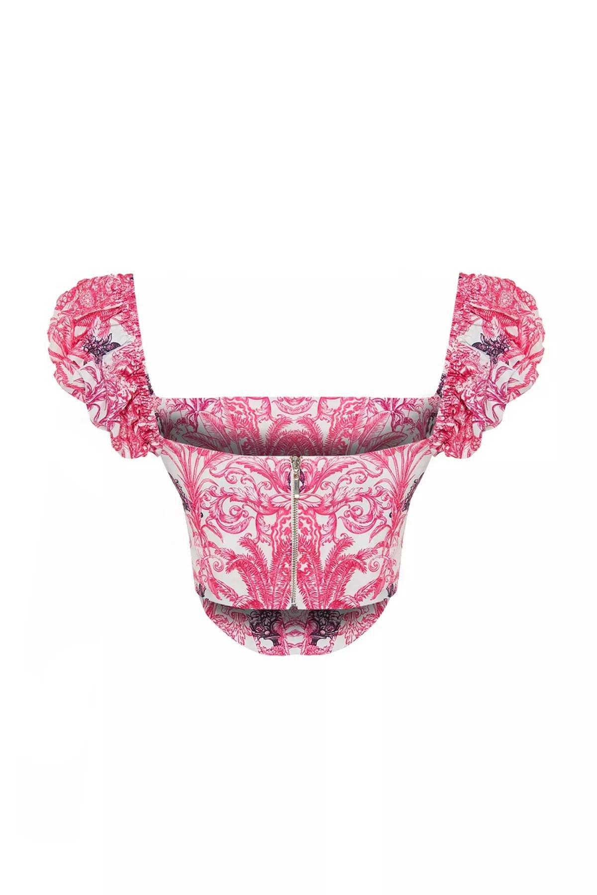 Pink Crop Lined Corset Detailed Poplin Floral Top, Pink-Multicolor, large image number 7