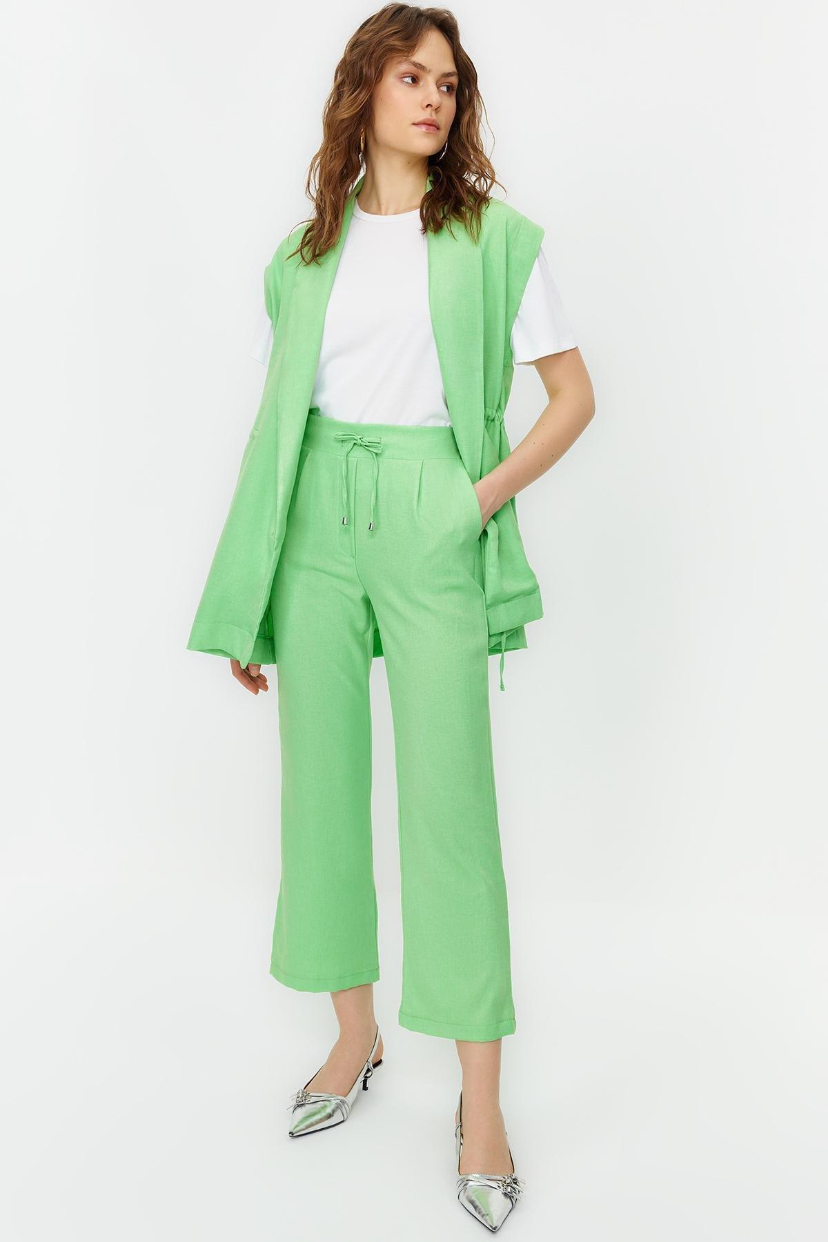 Green Tie Linen Look Kimono-Pants Woven Suit, , large image number 0