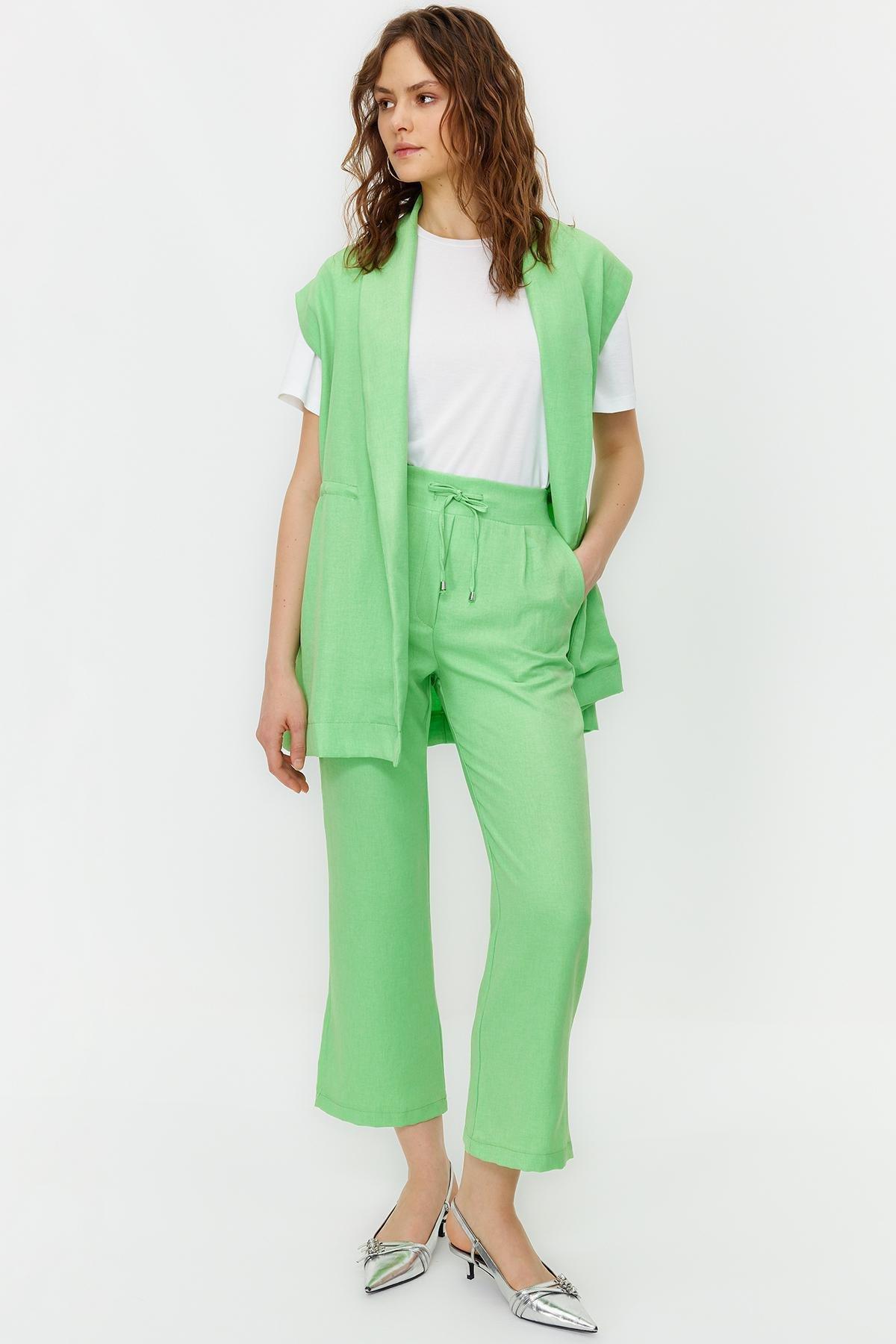 Green Tie Linen Look Kimono-Pants Woven Suit, , large image number 1