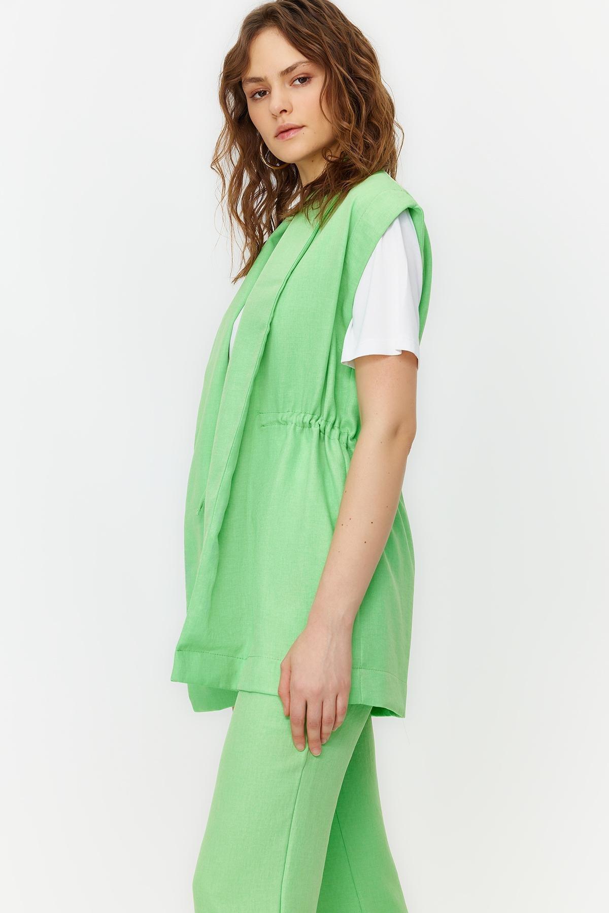 Green Tie Linen Look Kimono-Pants Woven Suit, , large image number 2