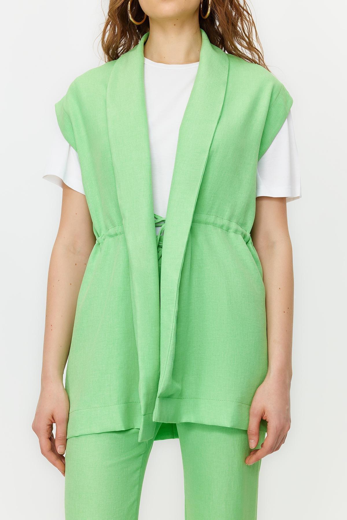 Green Tie Linen Look Kimono-Pants Woven Suit, , large image number 3