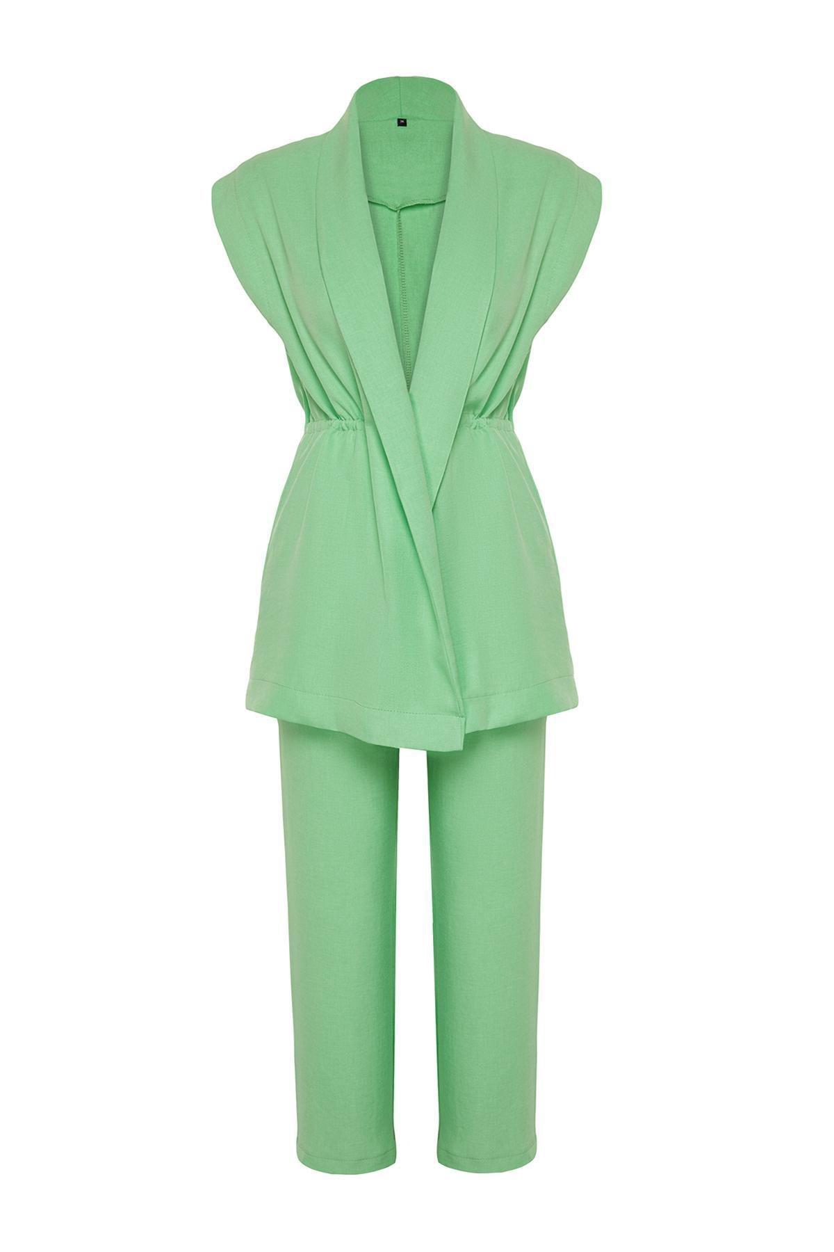 Green Tie Linen Look Kimono-Pants Woven Suit, , large image number 5