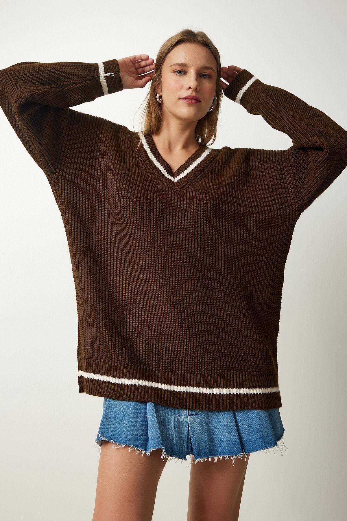 Brown V-Neck Oversized Long Knitwear Sweater, Brown, large image number 1