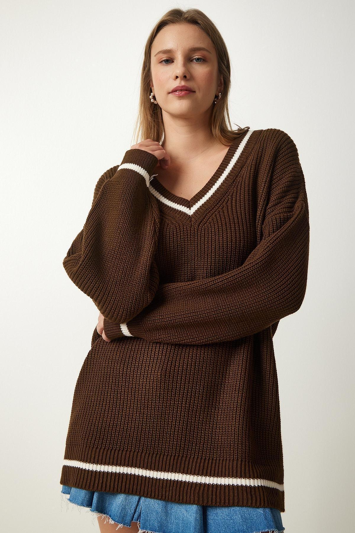 Brown V-Neck Oversized Long Knitwear Sweater, Brown, large image number 2