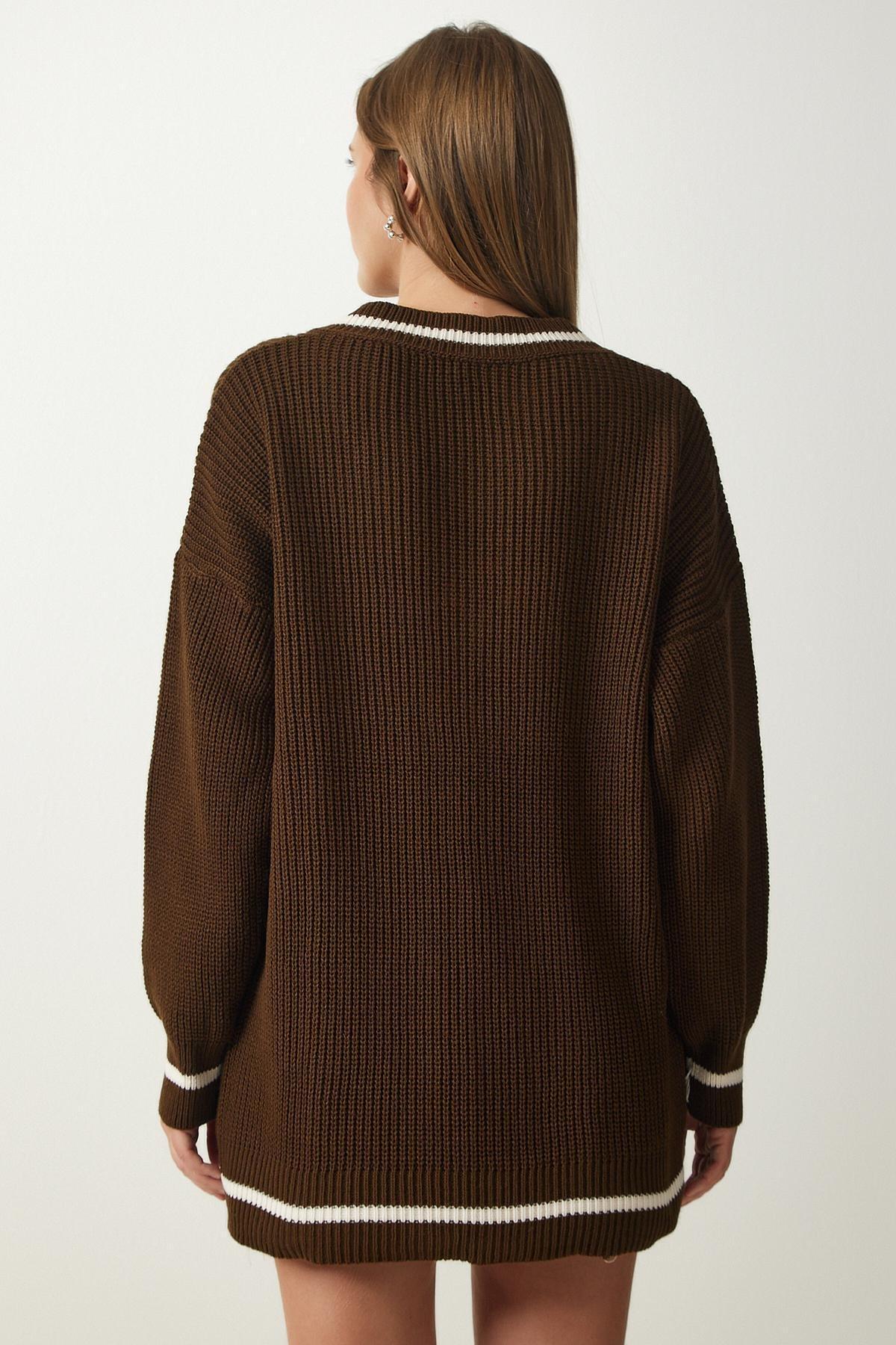 Brown V-Neck Oversized Long Knitwear Sweater, Brown, large image number 4