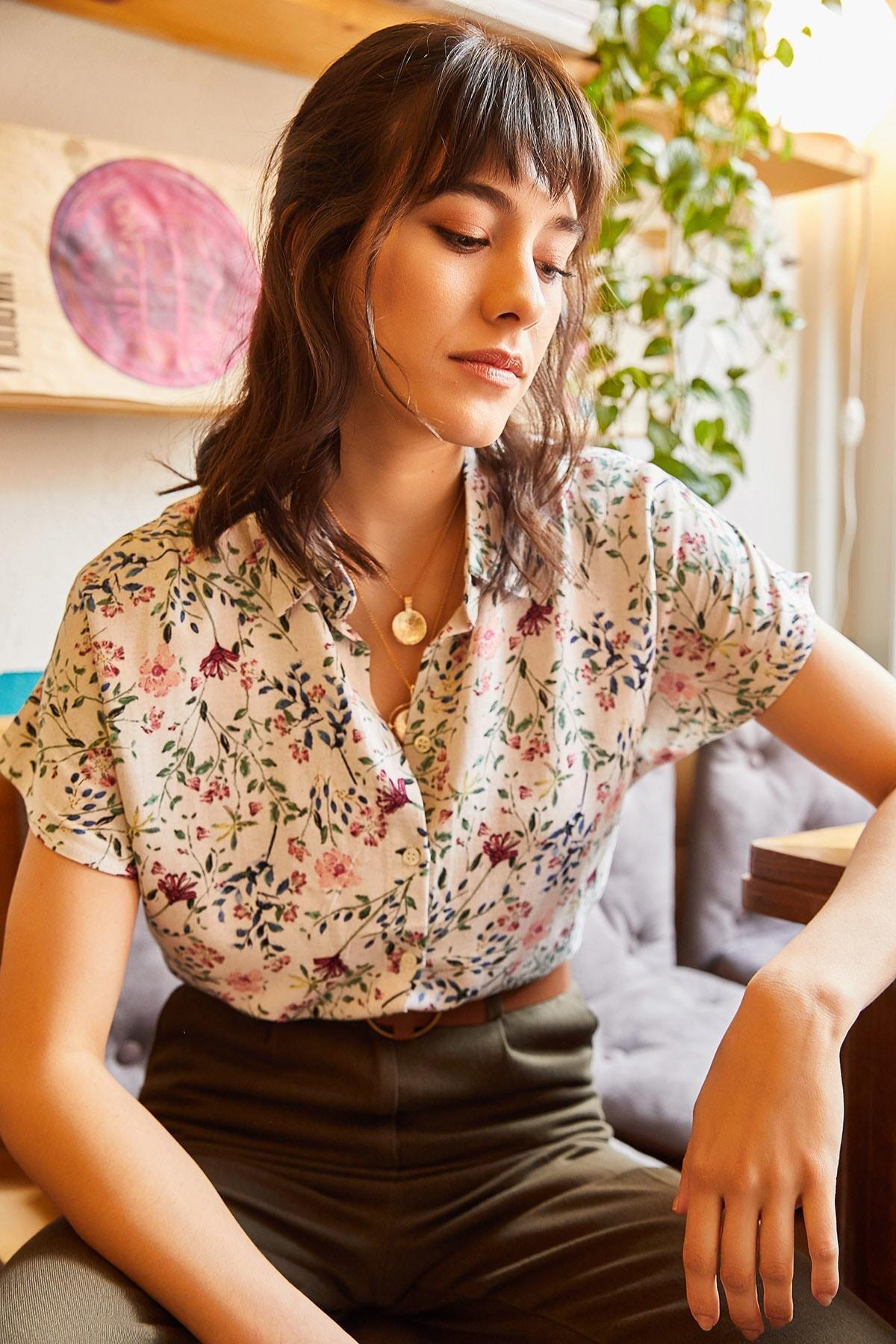 Ecru Floral Collared Shirt, , large image number 0