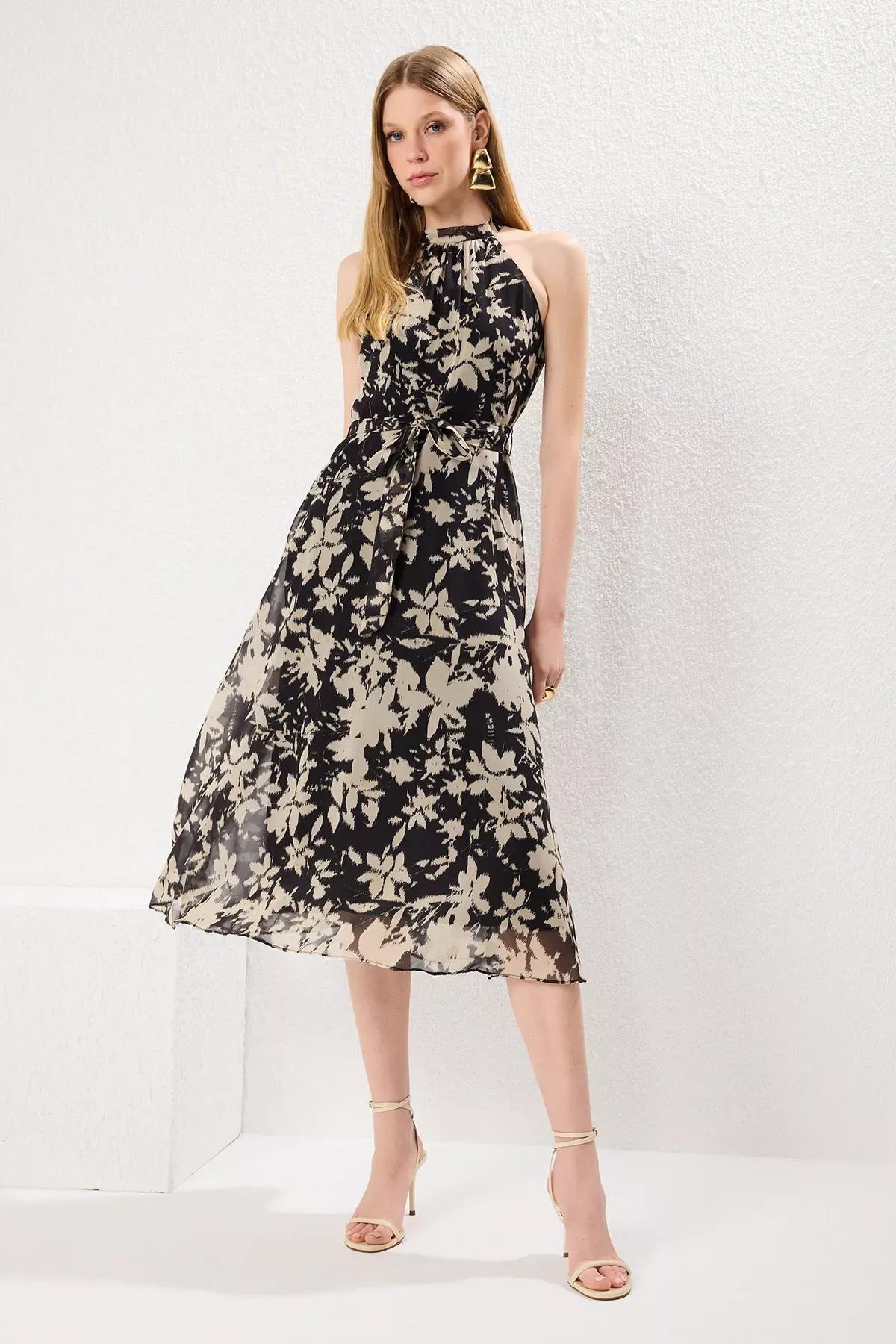 Black Belted Floral Belted Midi Dress, C101_2094, large image number 0