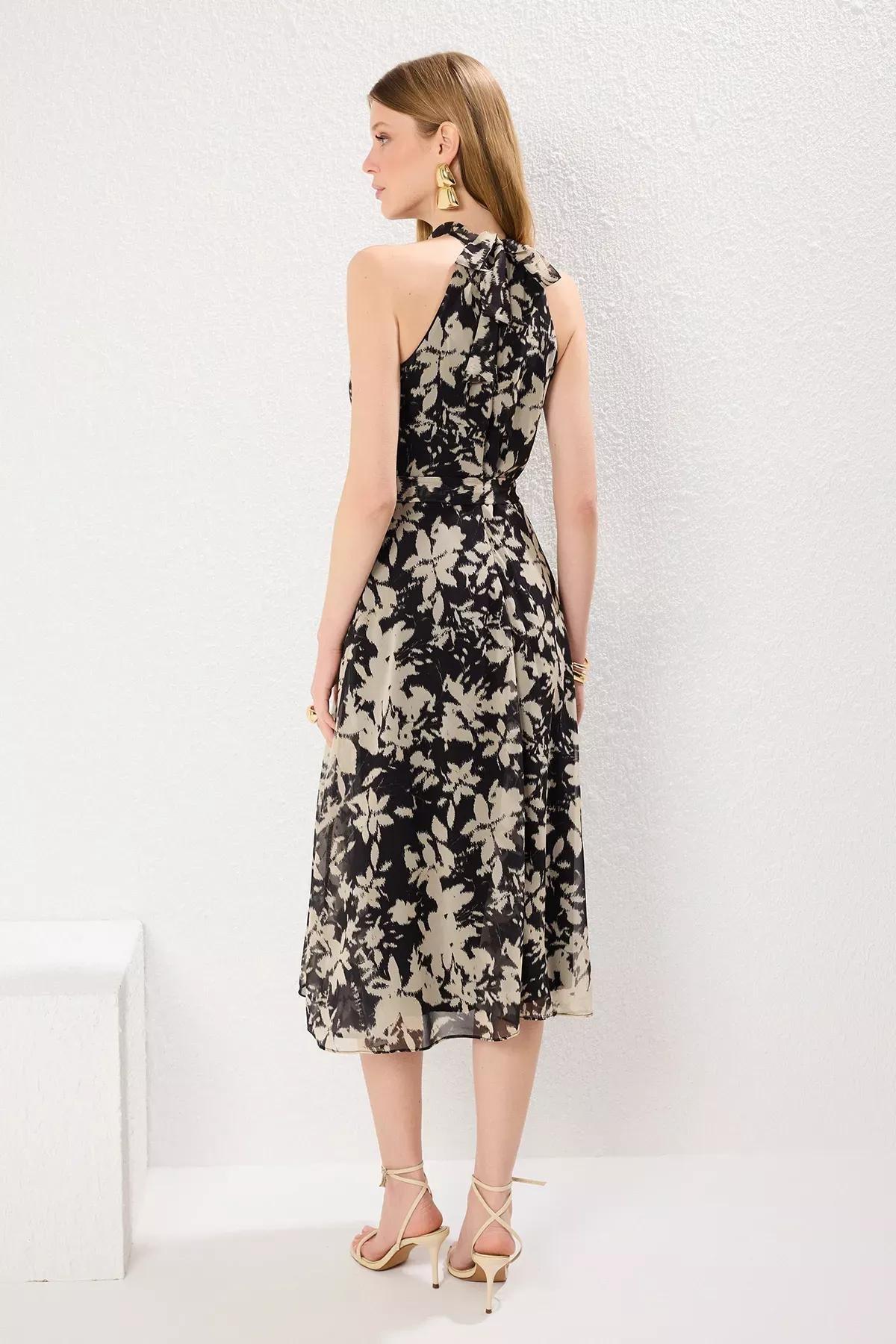 Black Belted Floral Belted Midi Dress, C101_2094, large image number 3