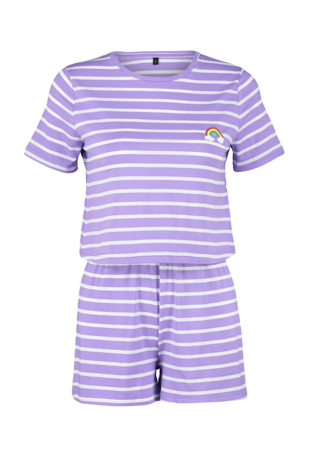 Trendyol - Purple Striped Crew Neck Pajama Set