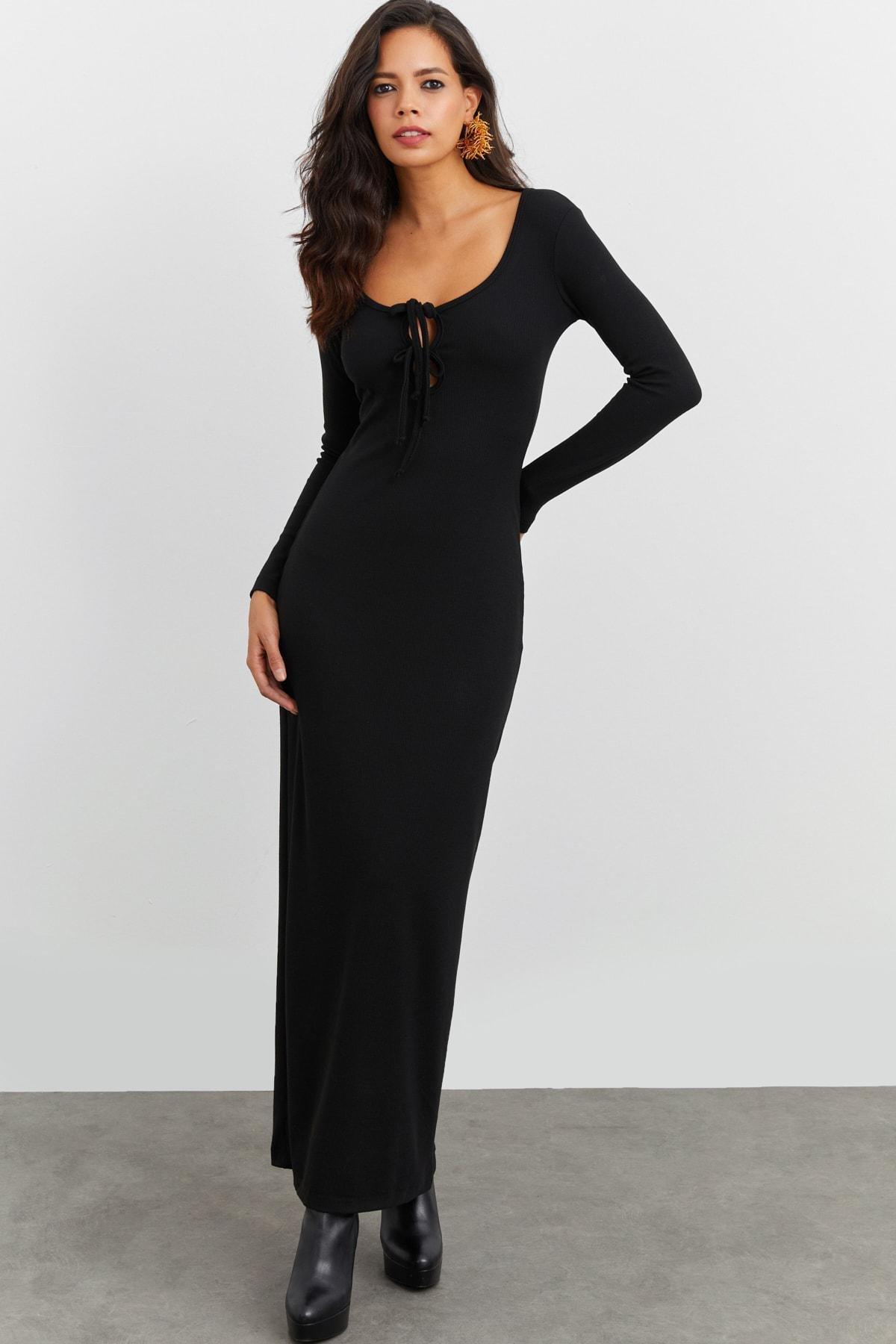 Black Square Collar Bodycon Dress, , large image number 0