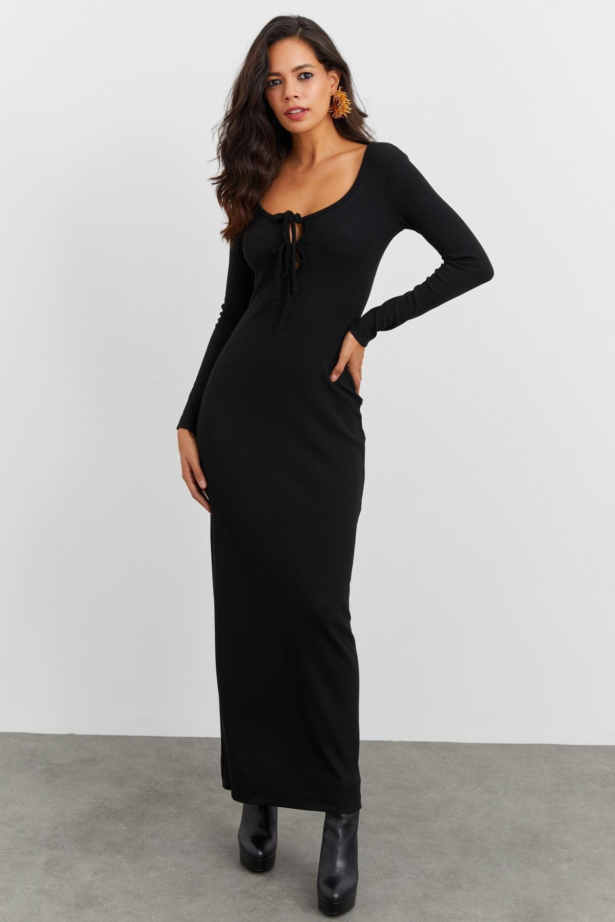 Black Square Collar Bodycon Dress, , large image number 1