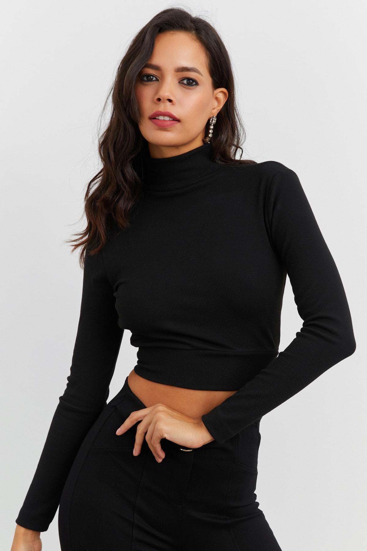 Black High Neck Slim Blouse, , large image number 2