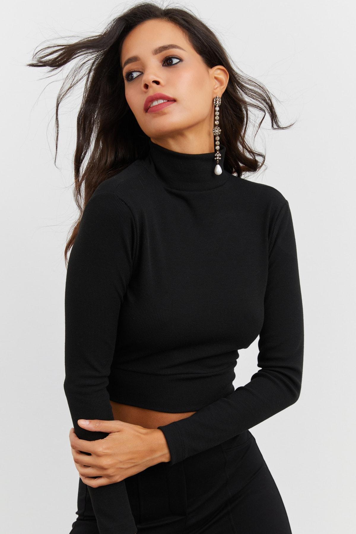 Black High Neck Slim Blouse, , large image number 4