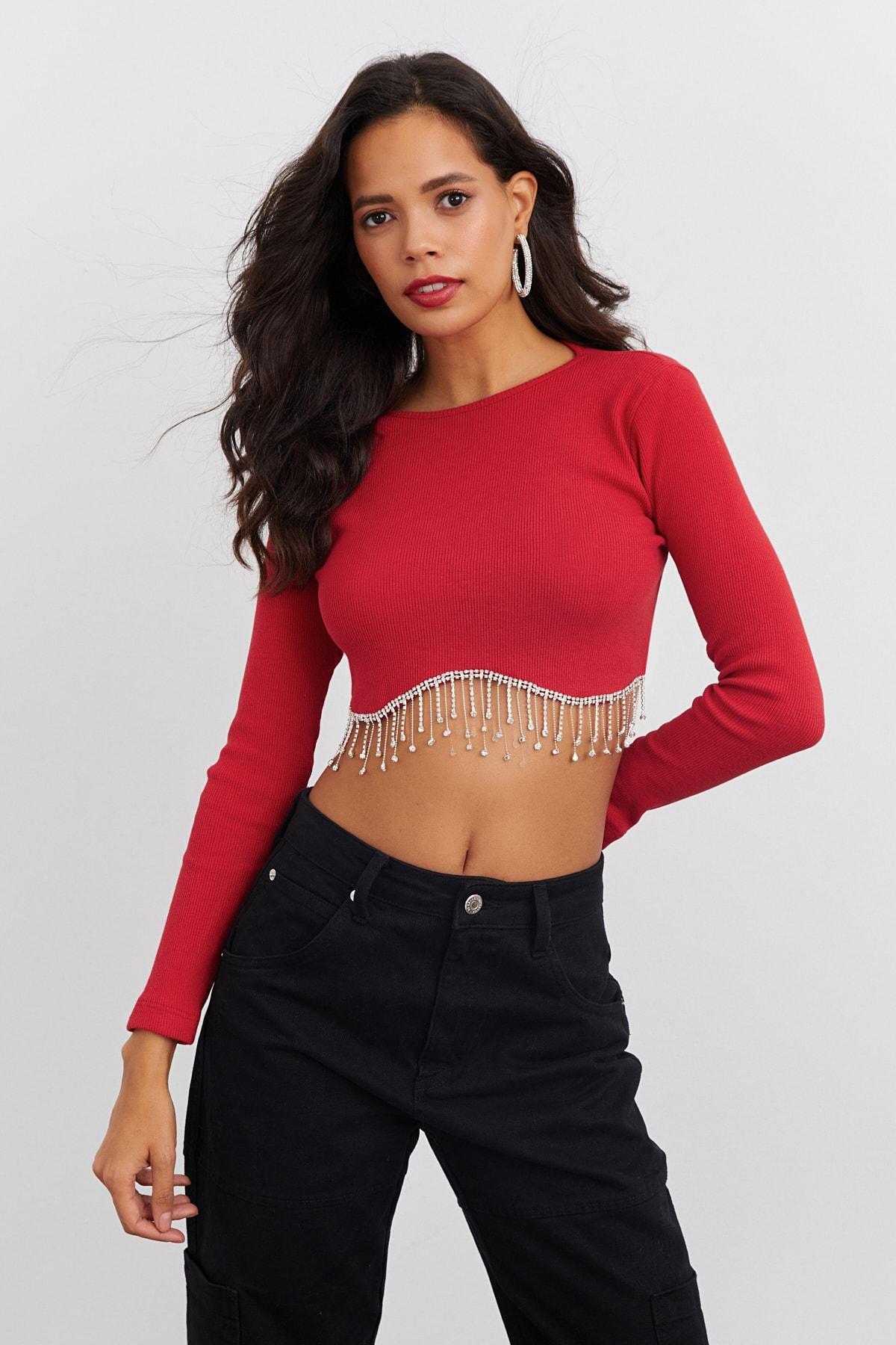 Red Long Sleeve Fitted Crop Top, , large image number 1