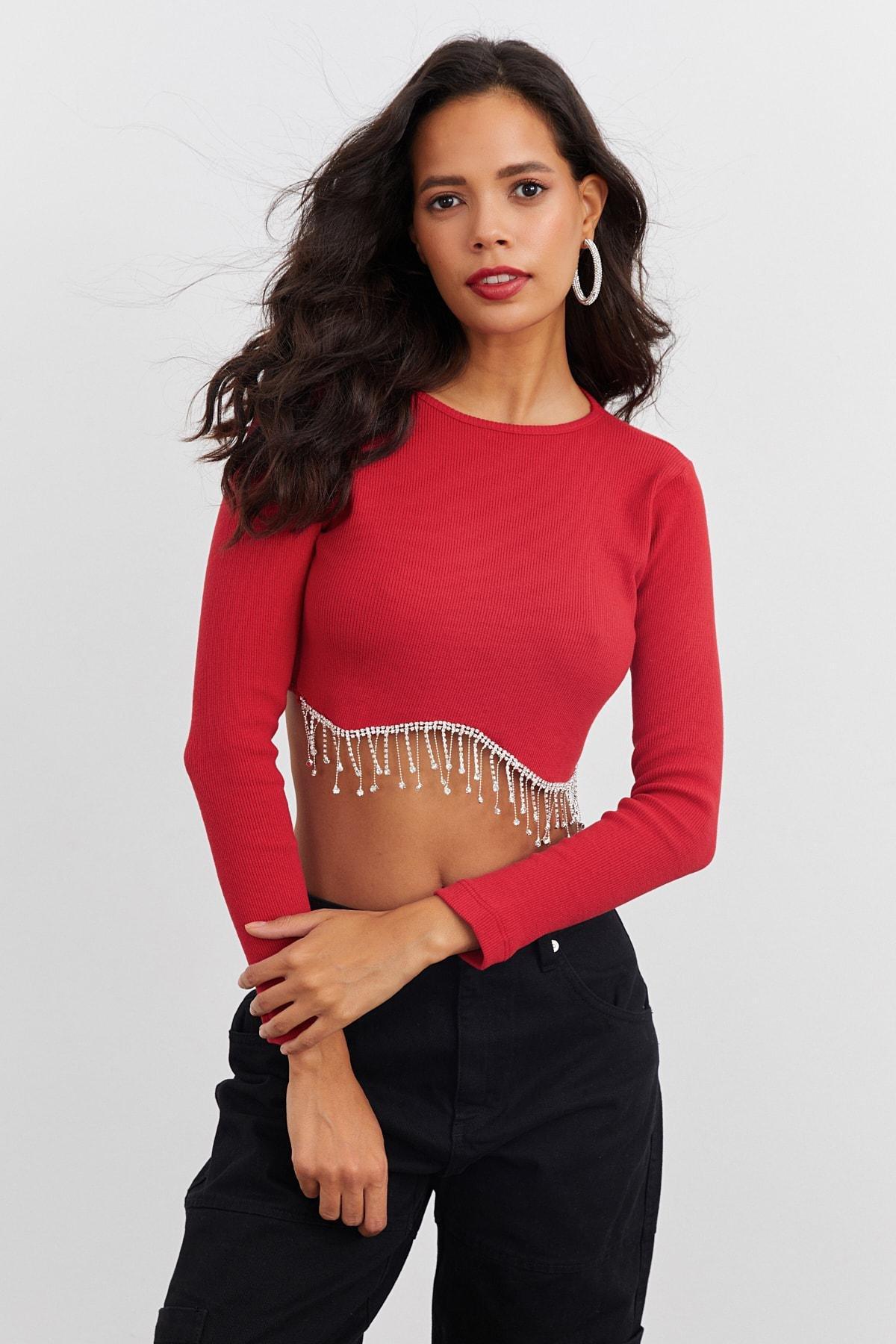 Red Long Sleeve Fitted Crop Top, , large image number 3