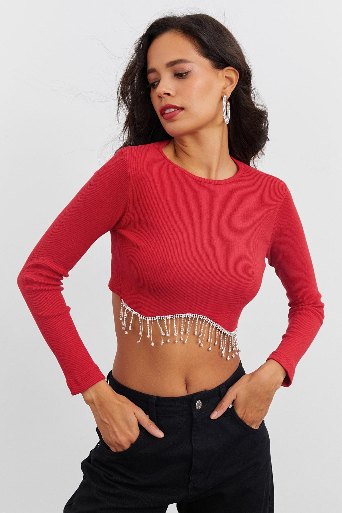 Red Long Sleeve Fitted Crop Top, , large image number 5