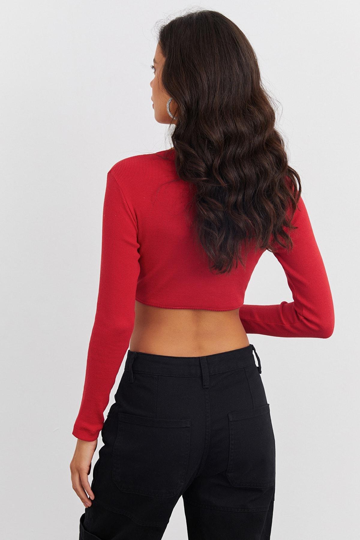 Red Long Sleeve Fitted Crop Top, , large image number 6