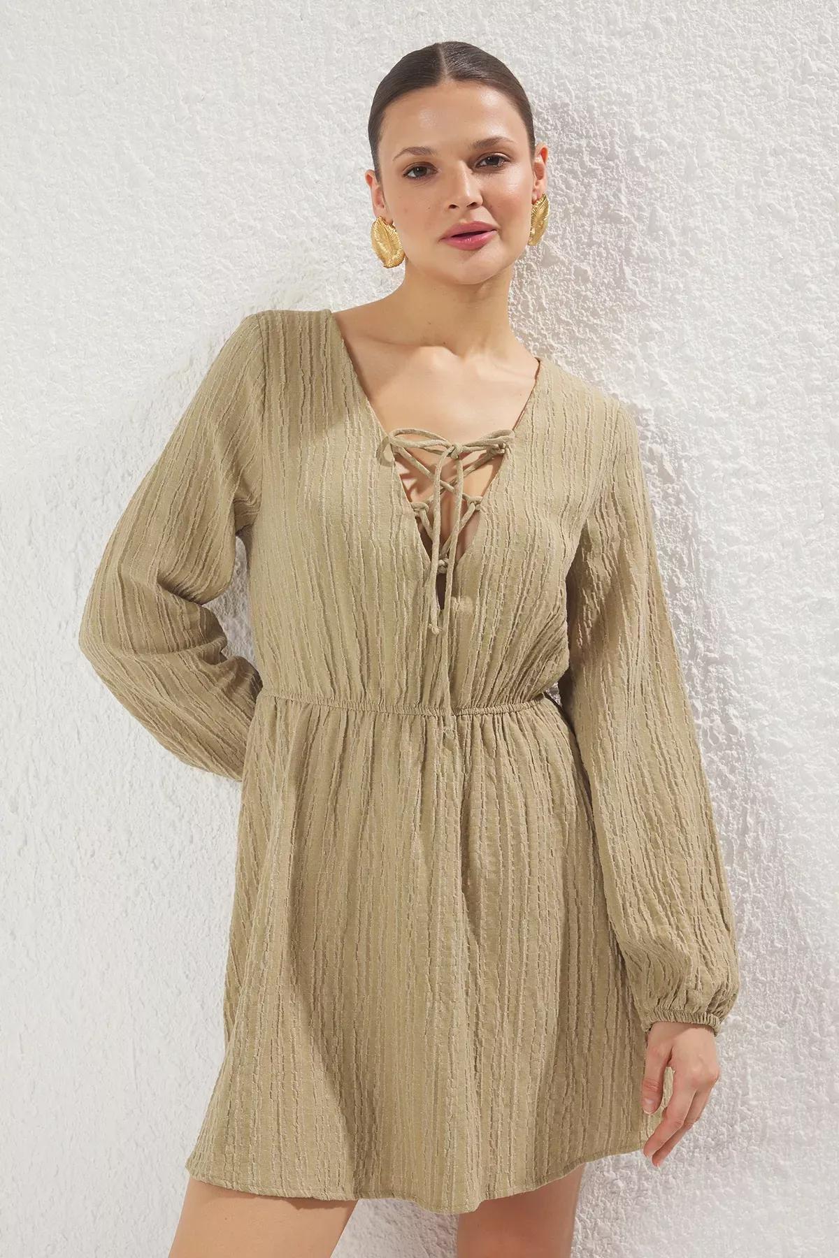Khaki Mini Tied Linen Dress, , large image number 0