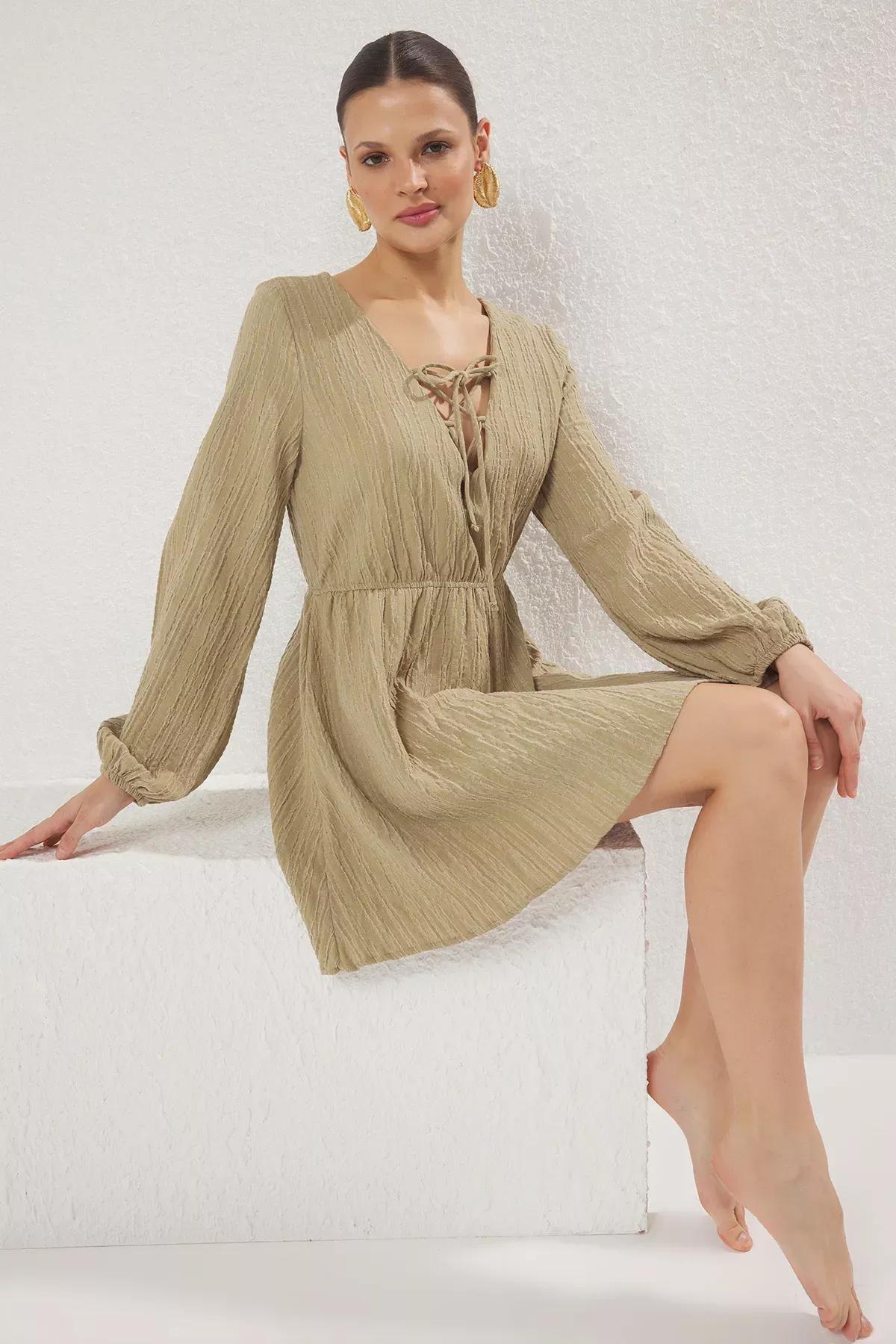 Khaki Mini Tied Linen Dress, , large image number 1