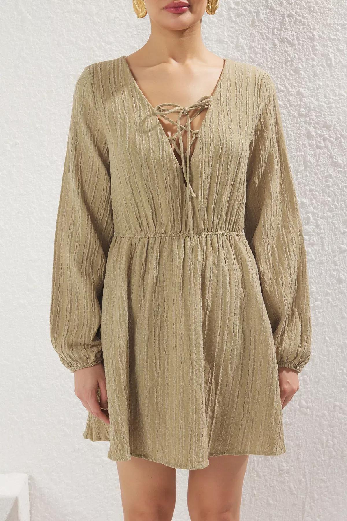 Khaki Mini Tied Linen Dress, , large image number 2