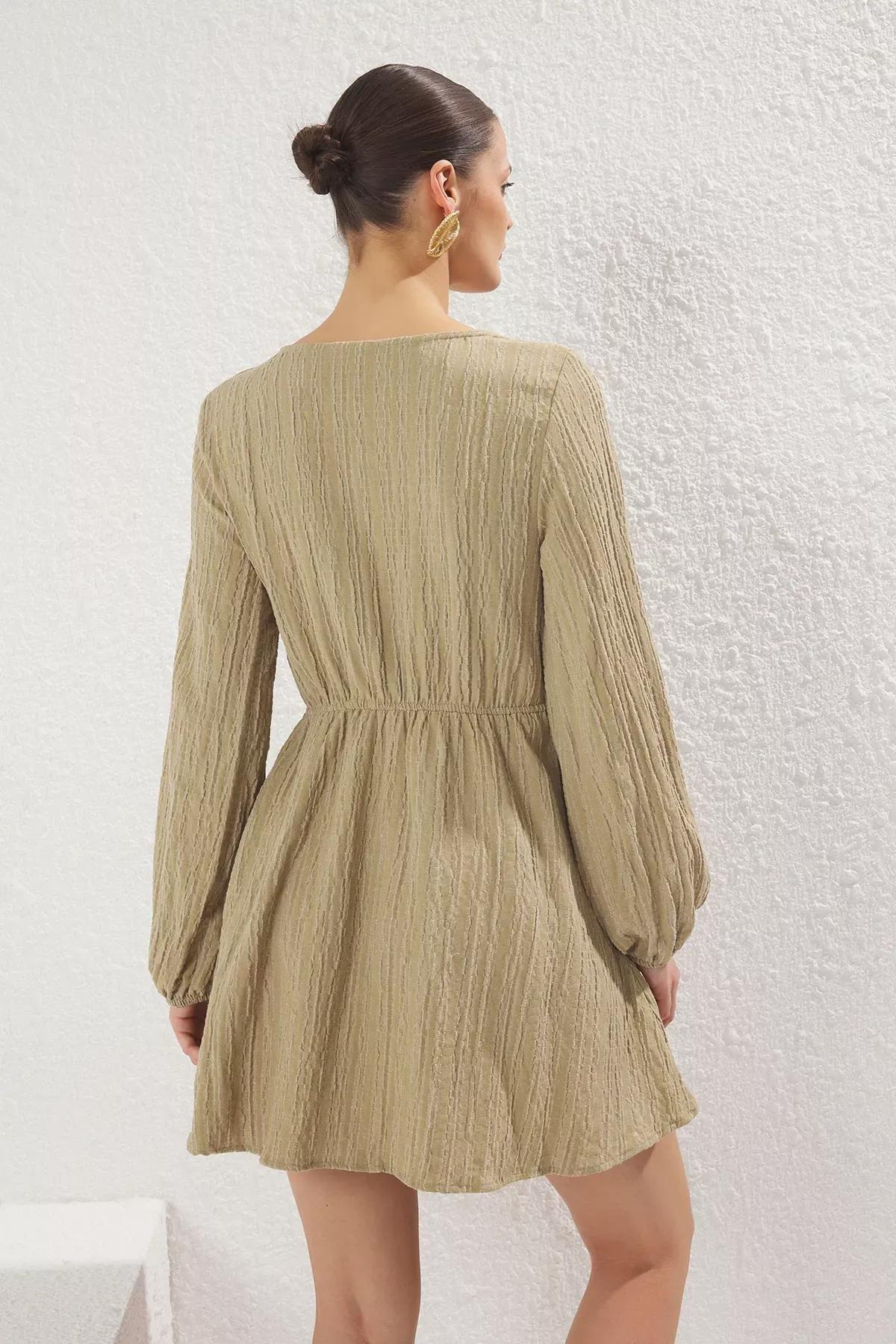 Khaki Mini Tied Linen Dress, , large image number 3