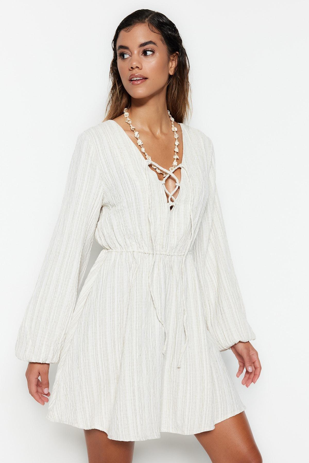 White V-Neck Smock Dress, , large image number 0