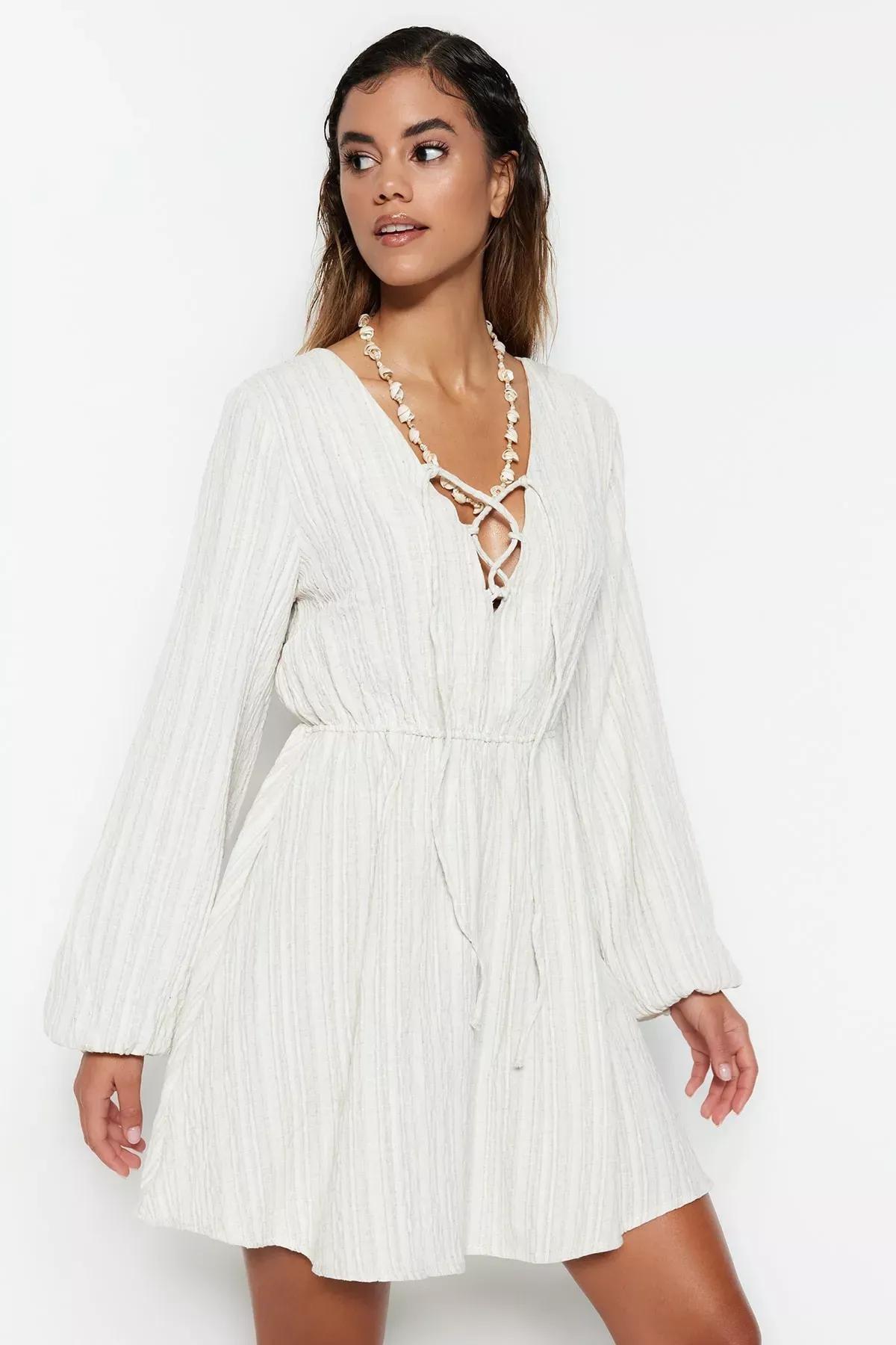 White V-Neck Smock Dress, Ecru, large image number 0